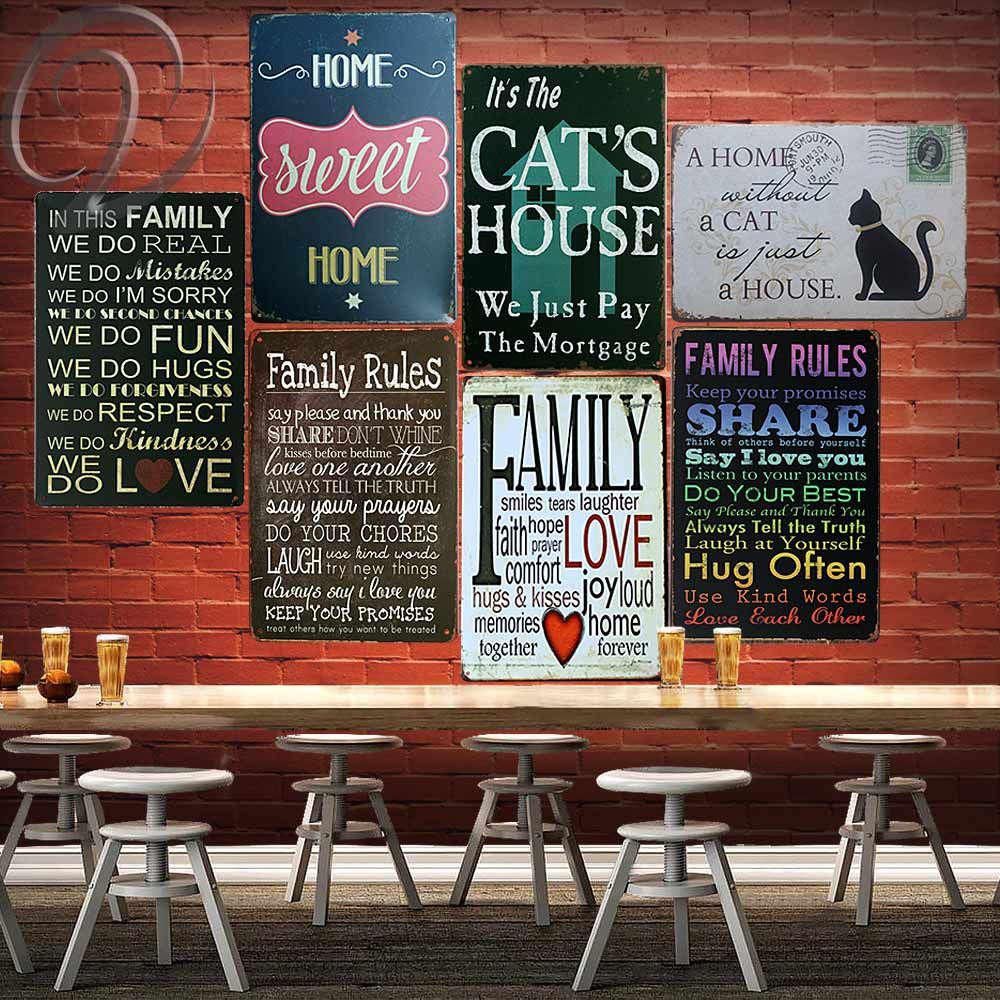 Us $6.24 48% Off|metal Plaques Signs Family Rules Cat House Sweet Home Bar  Pub Wall Decor Vintage Tin Signs Wall Decals In Plaques & Signs From Home & Regarding Faith, Hope, Love Raised Sign Wall Decor (Photo 13 of 30)