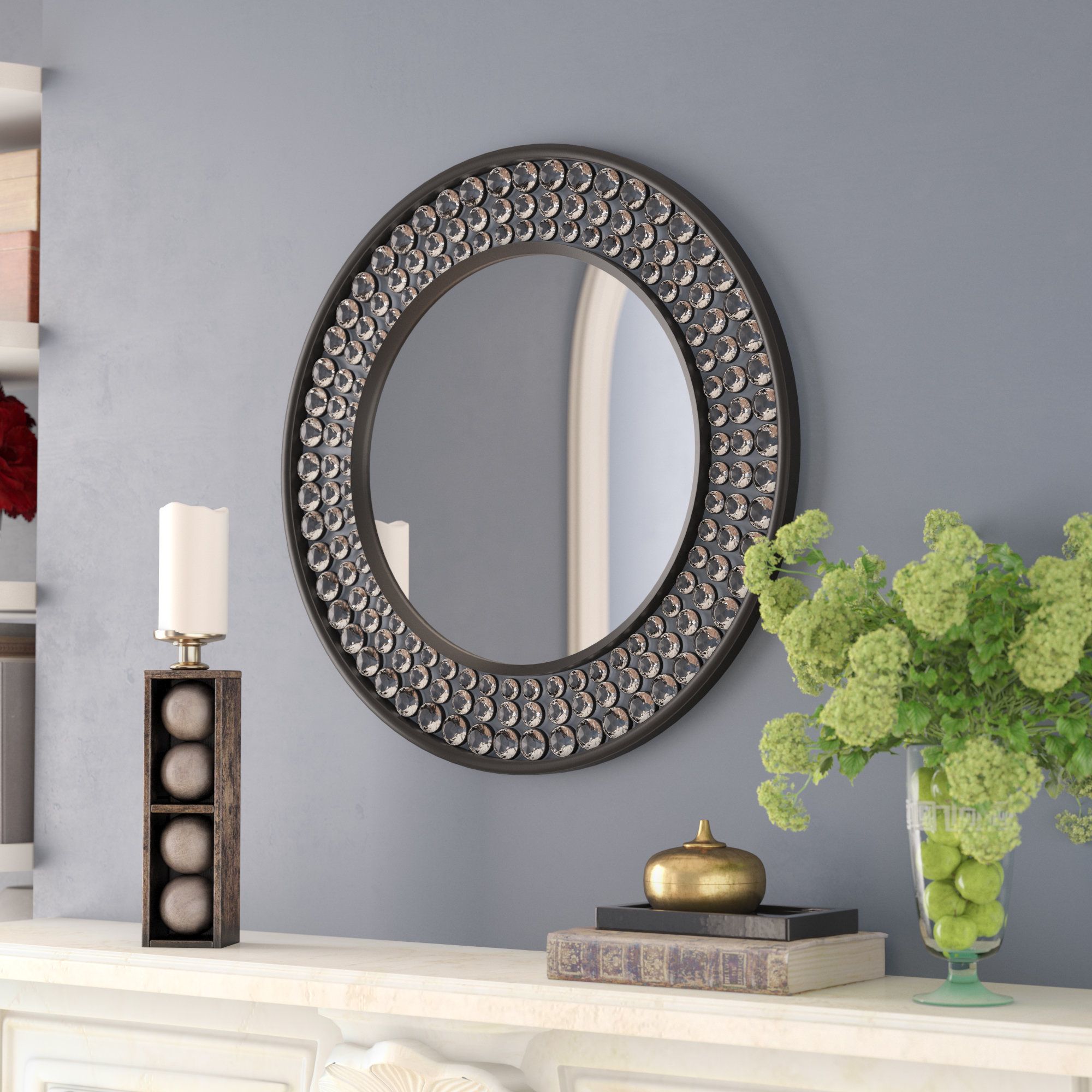 Valerian Jeweled Round Wall Mirror Throughout Estrela Modern Sunburst Metal Wall Mirrors (View 29 of 30)