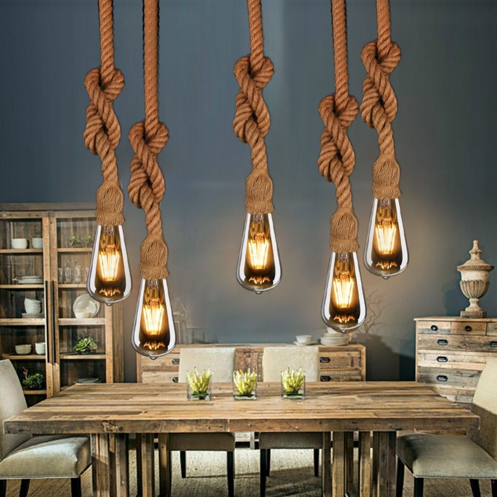 Vintage Bamboo Rope Pendant Lights E27 Led 6 Bulbs Loft With Rossi Industrial Vintage 1 Light Geometric Pendants (View 14 of 30)