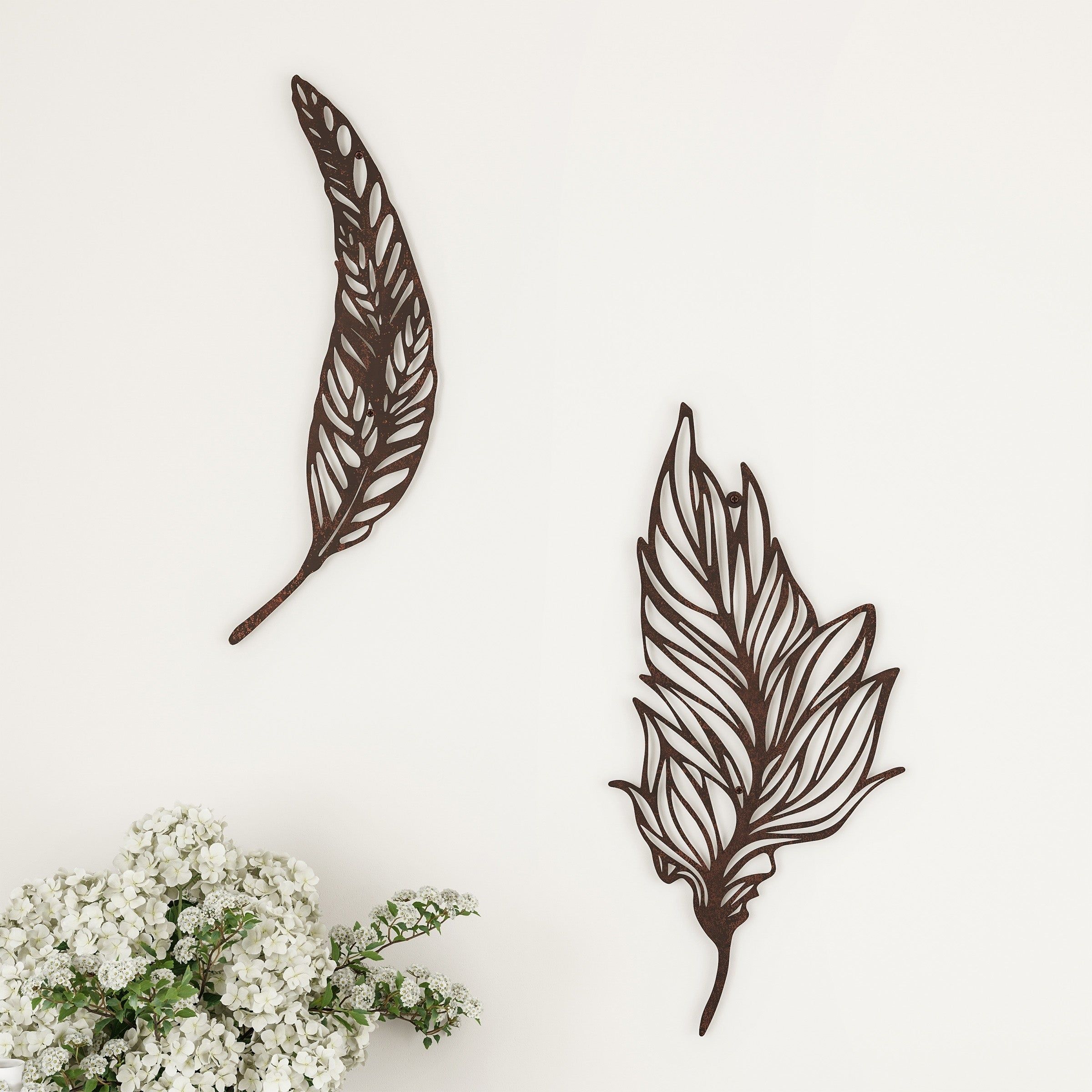 Wall Decor Set Of 2 Metal Feather Hanging Contemporary Wall Art For Living  Room, Bedroom, Kitchenlavish Home (brown) With Regard To 4 Piece Metal Wall Plaque Decor Sets (View 25 of 30)