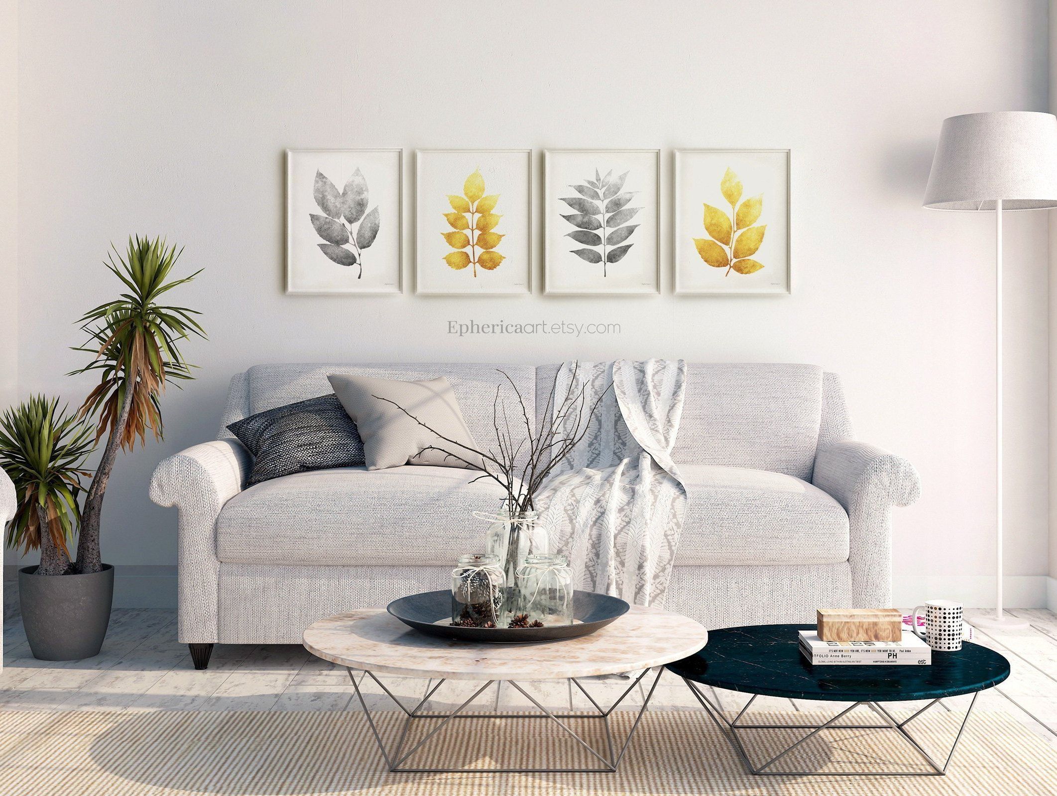 Wall Decor Set Of Prints, Gray And Yellow Wall Art Set Of 4 Leaves Prints,  16x20 Printable Home Decor Living Room Decor, 4 Piece Wall Decor Within 4 Piece Wall Decor Sets (Photo 25 of 30)