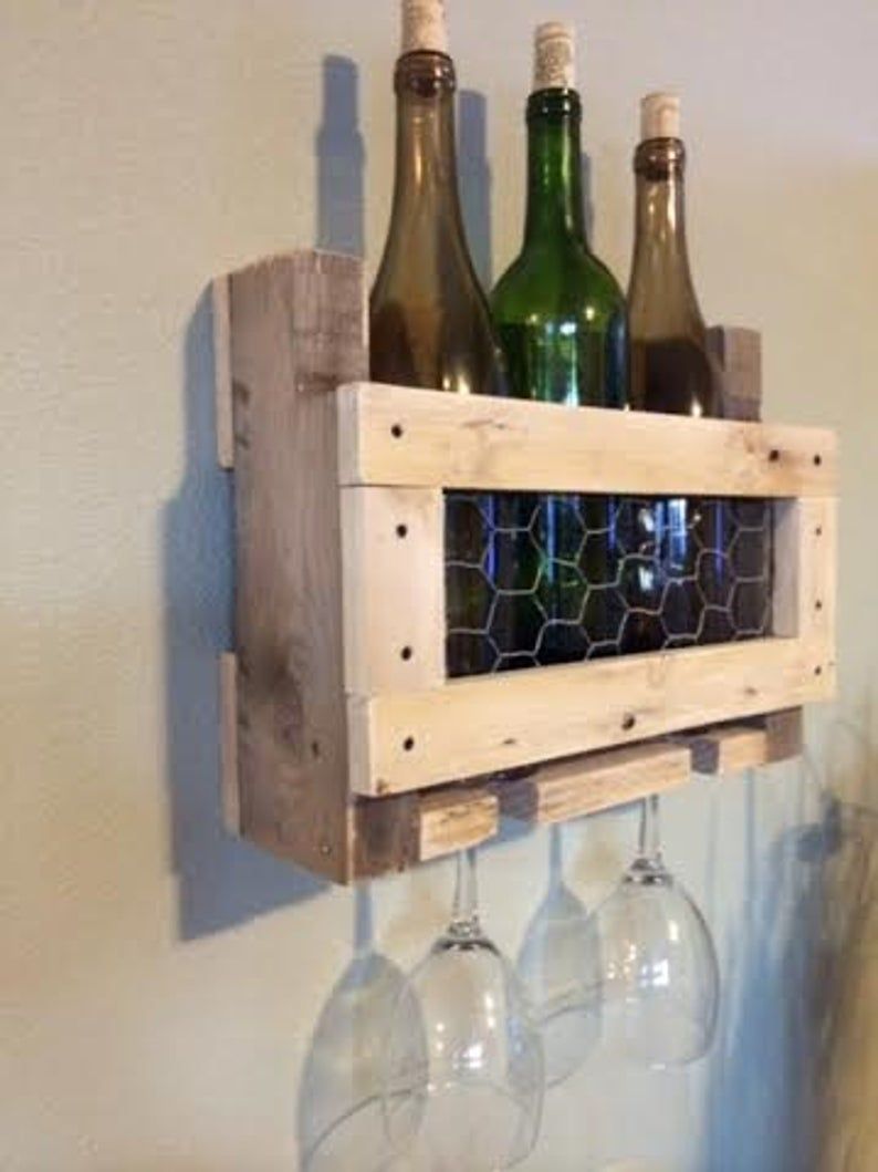Wall Mounted Wine Rack  Pallet Wine Rack  Liquor Holder  Wine Glass Holder   Unique Wine Gift Chicken Wire  Farmhouse Decor With Three Glass Holder Wall Decor (View 23 of 30)