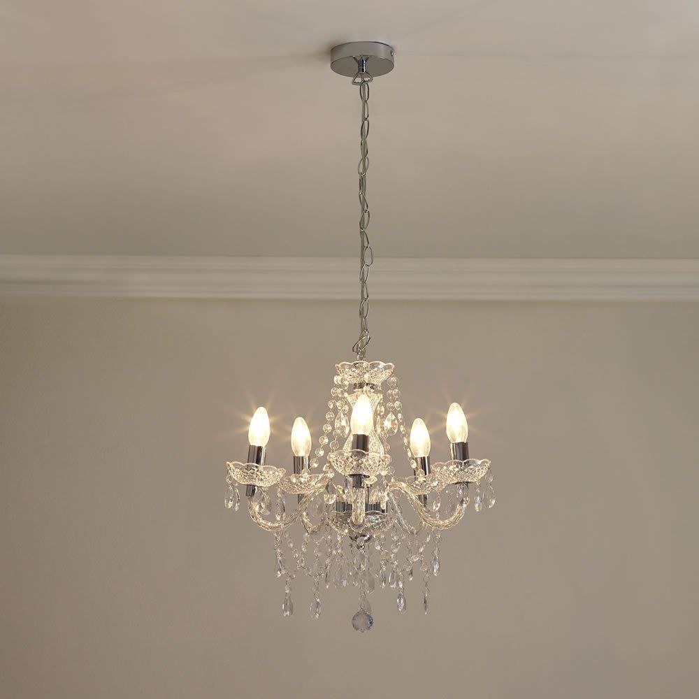 Wilko Marie Therese 5 Arm Clear Chandelier Ceiling Light Regarding Emaria 4 Light Unique / Statement Chandeliers (View 24 of 30)