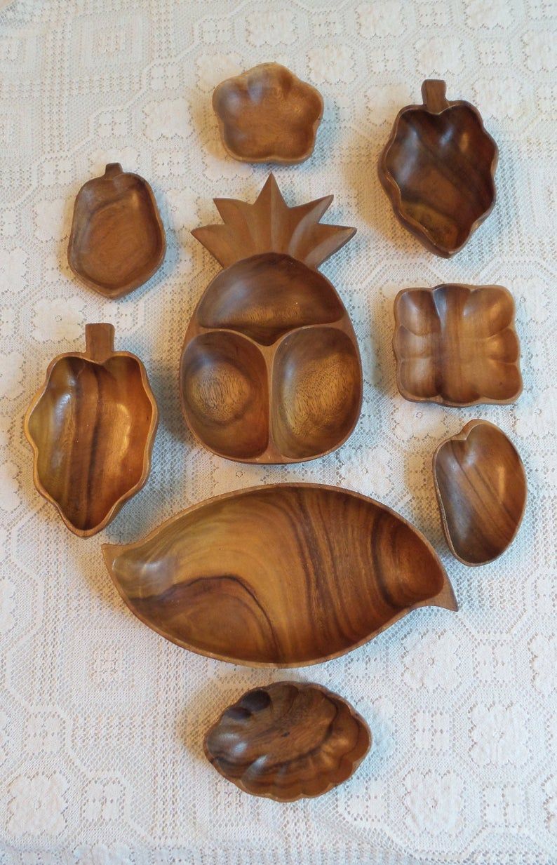 Wood Dish Wall Hanging Set, 9 Piece Set, Wood Leaf Shaped Dish, Carved Wood  Pineapple, Vintage Mid Century Mod Wood Tray, Monkey Pod Dish With Tree Shell Leaves Sculpture Wall Decor (Photo 27 of 30)