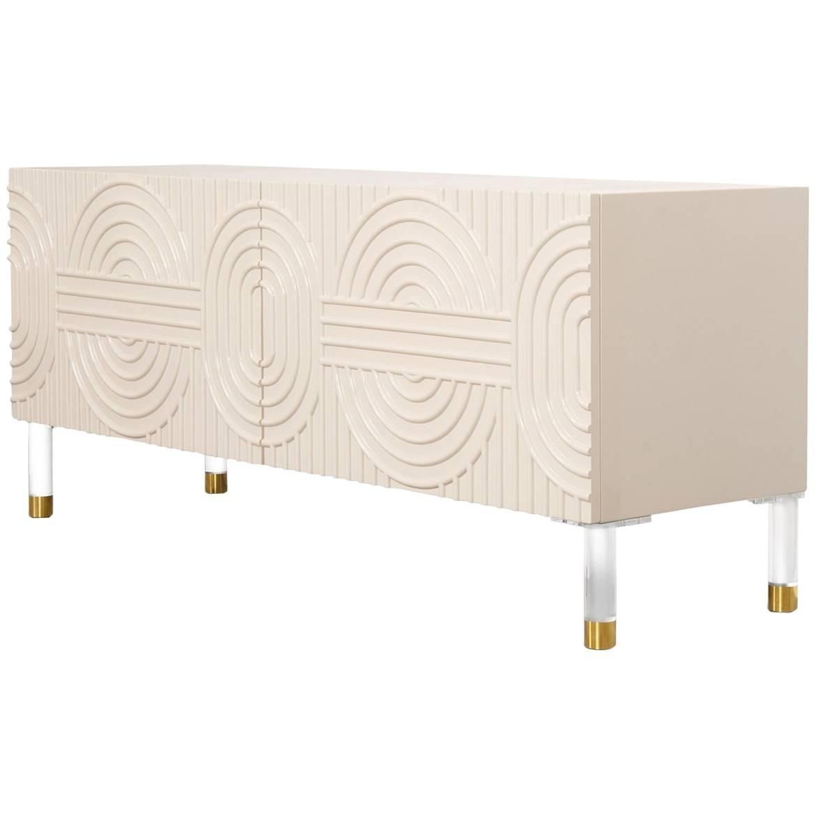 Art Deco Style Blush Pink Three Door Credenza With Geometric Detail & Brass  Legs In Blush Deco Credenzas (View 22 of 30)