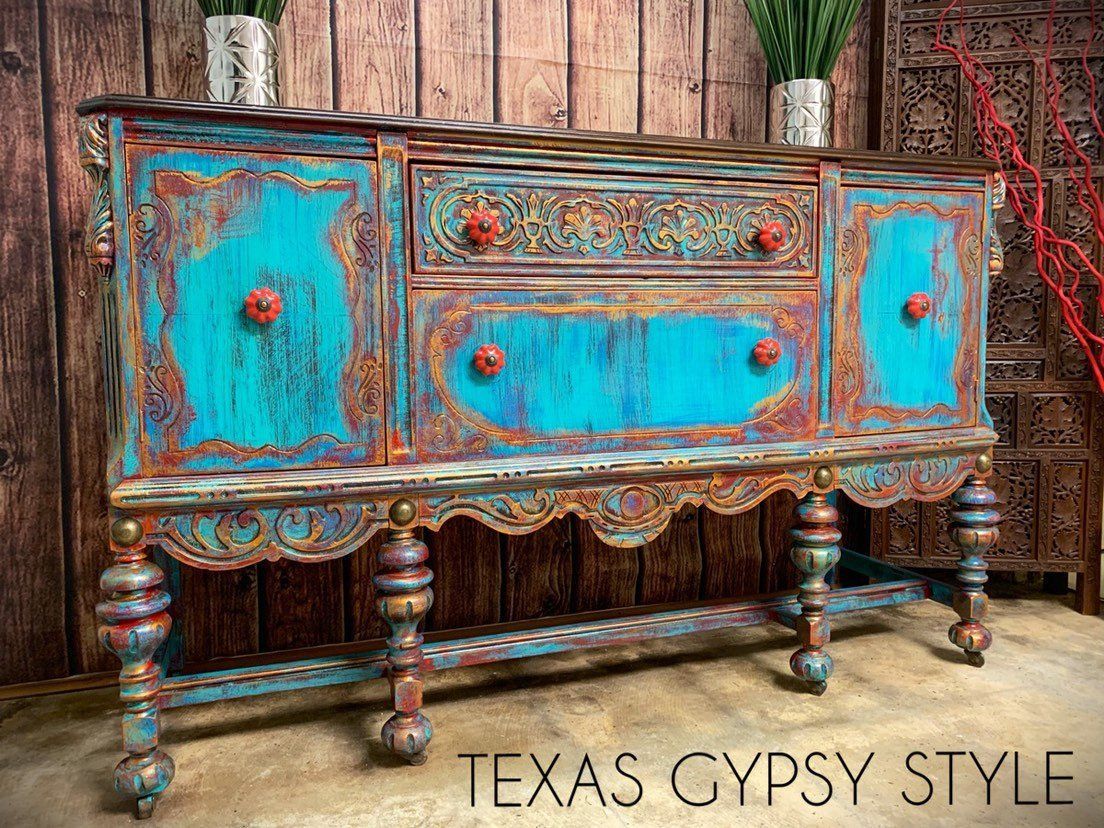 Available! Gypsy Boho Jacobean Buffet, Sideboard, Tv Console Intended For Southwest Pink Credenzas (View 23 of 30)
