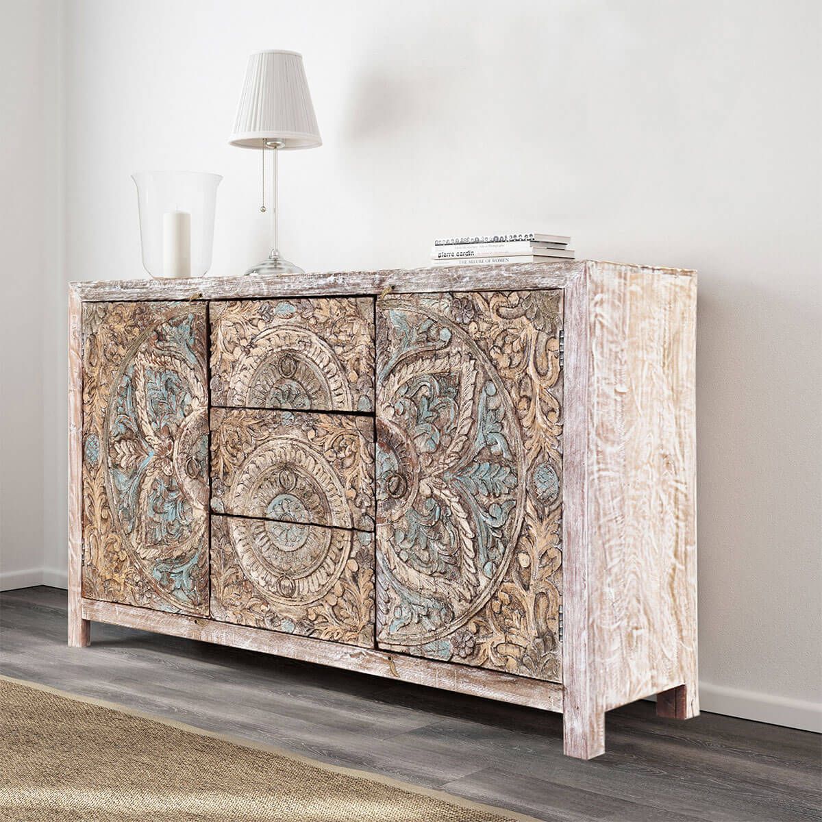 Avenal Floral Mandalas Solid Wood Hand Carved Accent Buffet Cabinet Pertaining To Grey Wooden Accent Buffets (View 17 of 30)
