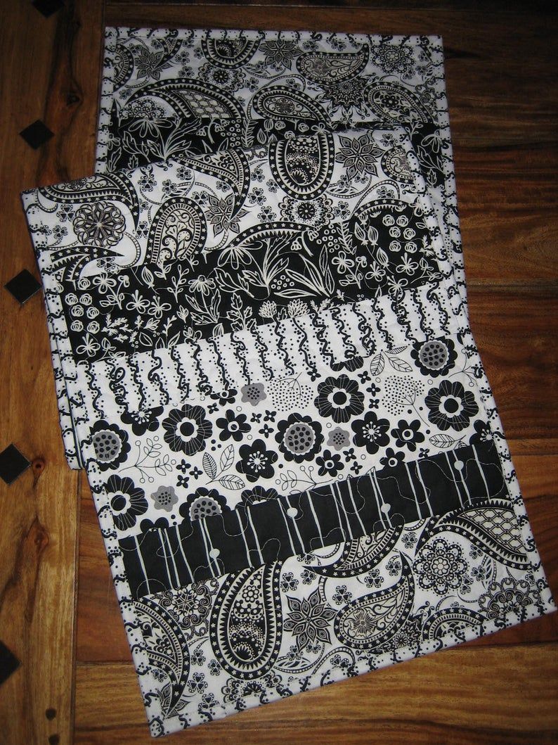 Black And White Modern Quilted Table Runner, Flower Contemporary, 13.5 X  48", Coffee Dining Buffet Piano Runner Reversible, Handmade Intended For White Geometric Buffets (Photo 28 of 30)