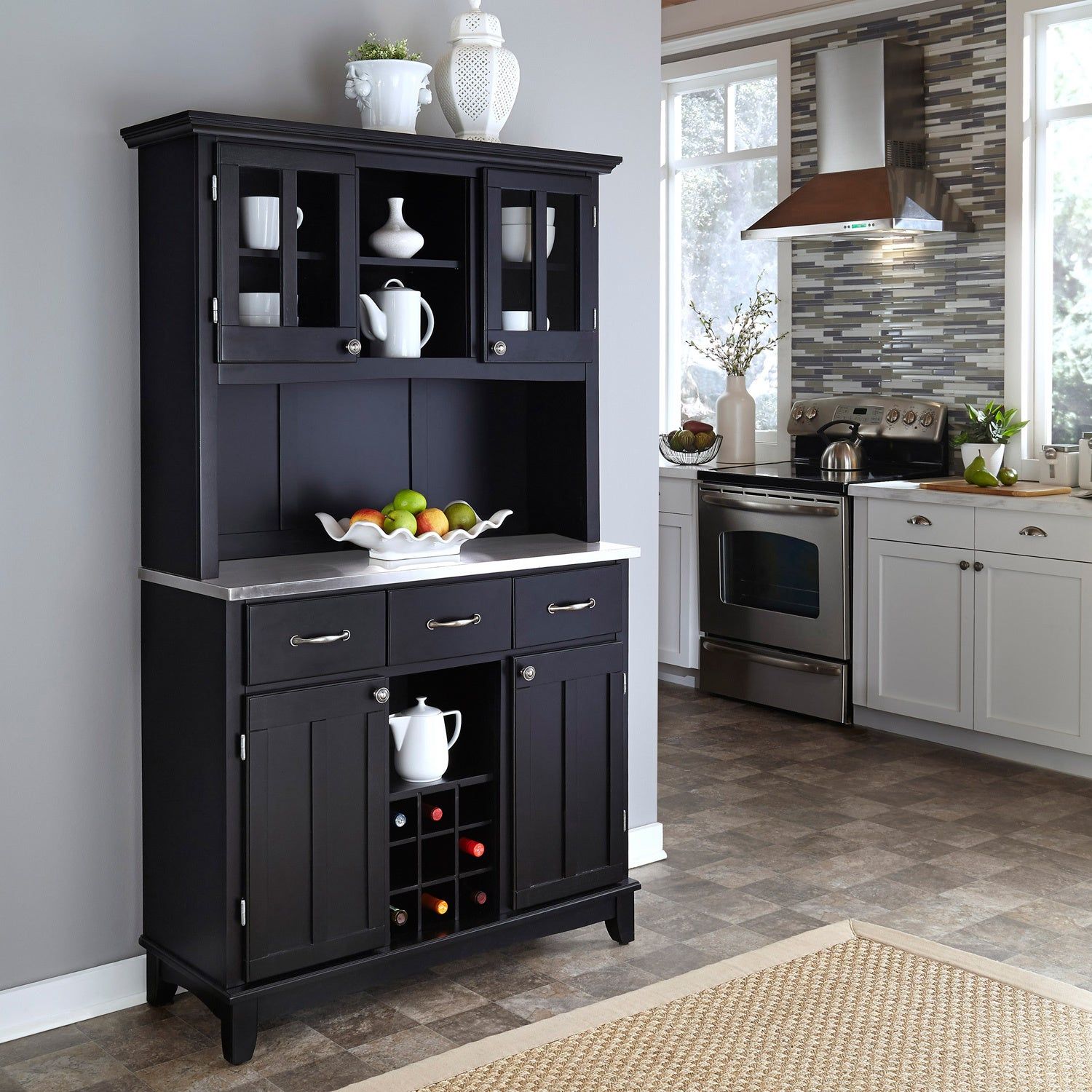 Black Hutch Buffet With Stainless Tophome Styles Regarding Black Hutch Buffets With Stainless Top 