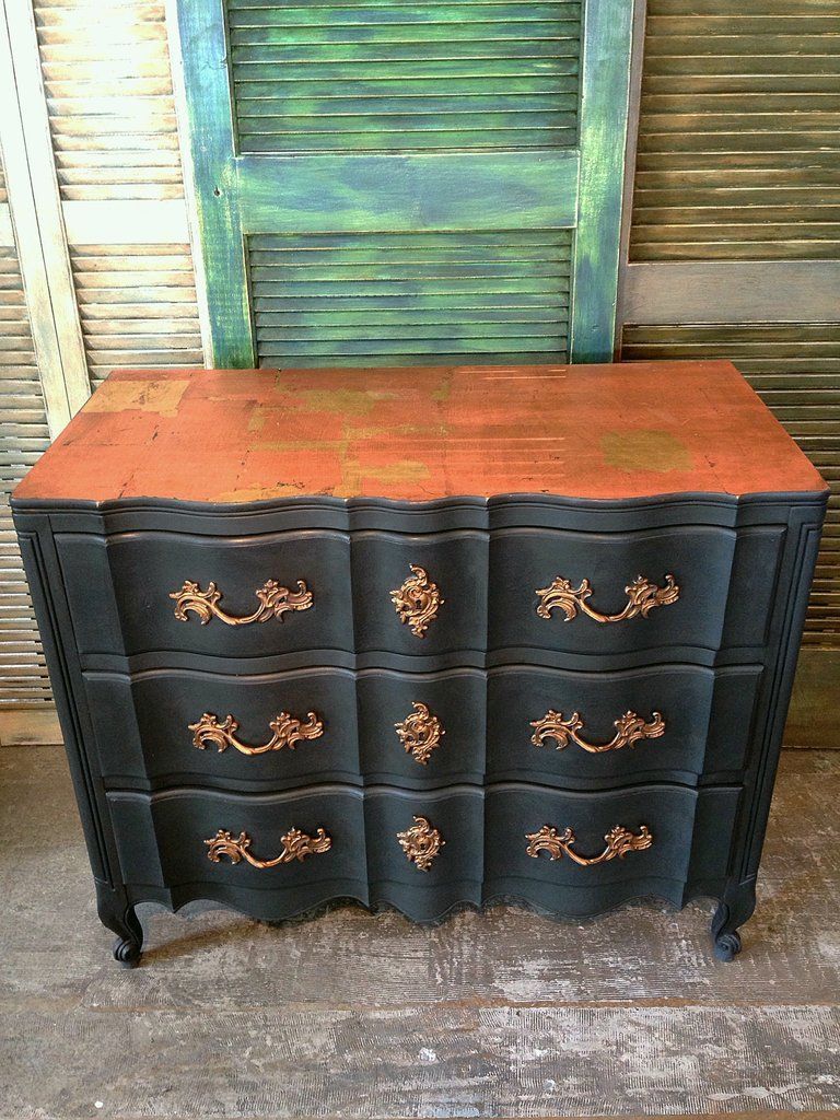 Black Serpentine Dresser With Copper Leaf Top | Dream Home Throughout Copper Leaf Wood Credenzas (View 6 of 30)