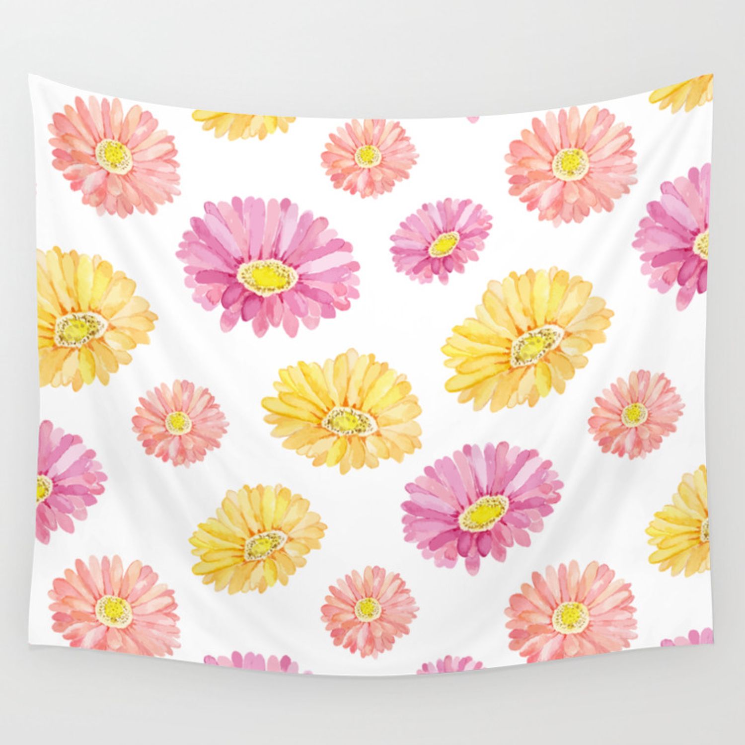 Blush Pink Yellow Watercolor Hand Painted Daisies Floral Wall Tapestry For Floral Blush Yellow Credenzas (View 12 of 30)