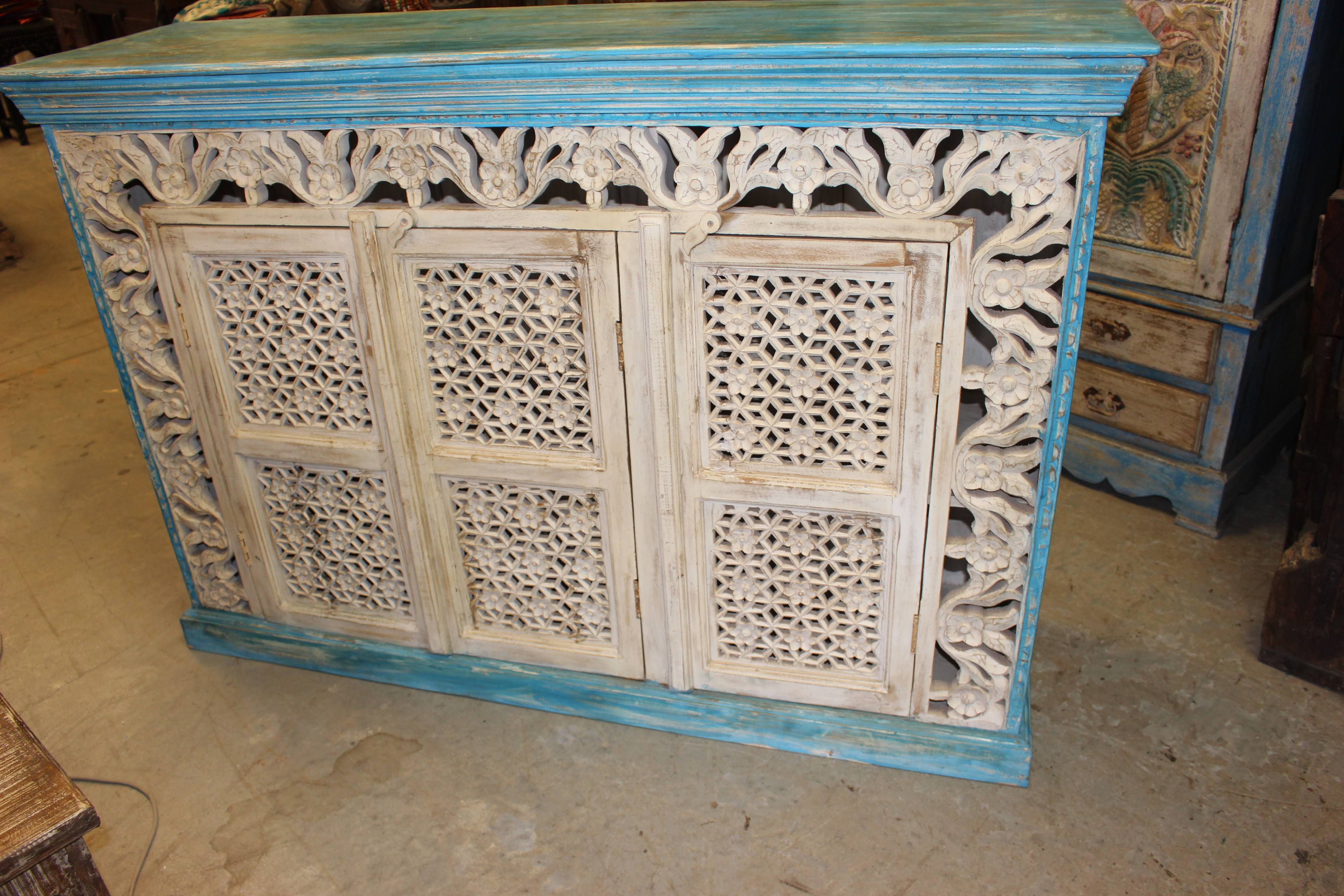 Bohemian Credenza Blue Intricate Carved Vintage Sideboard For Lovely Floral Credenzas (Photo 25 of 30)