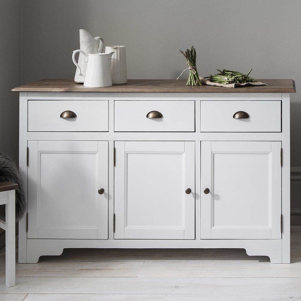 Canterbury 3 Drawer Sideboard Cabinet With Solid Doors In White And Dark  Pine With Regard To White And Grey Sideboards (Photo 5 of 30)