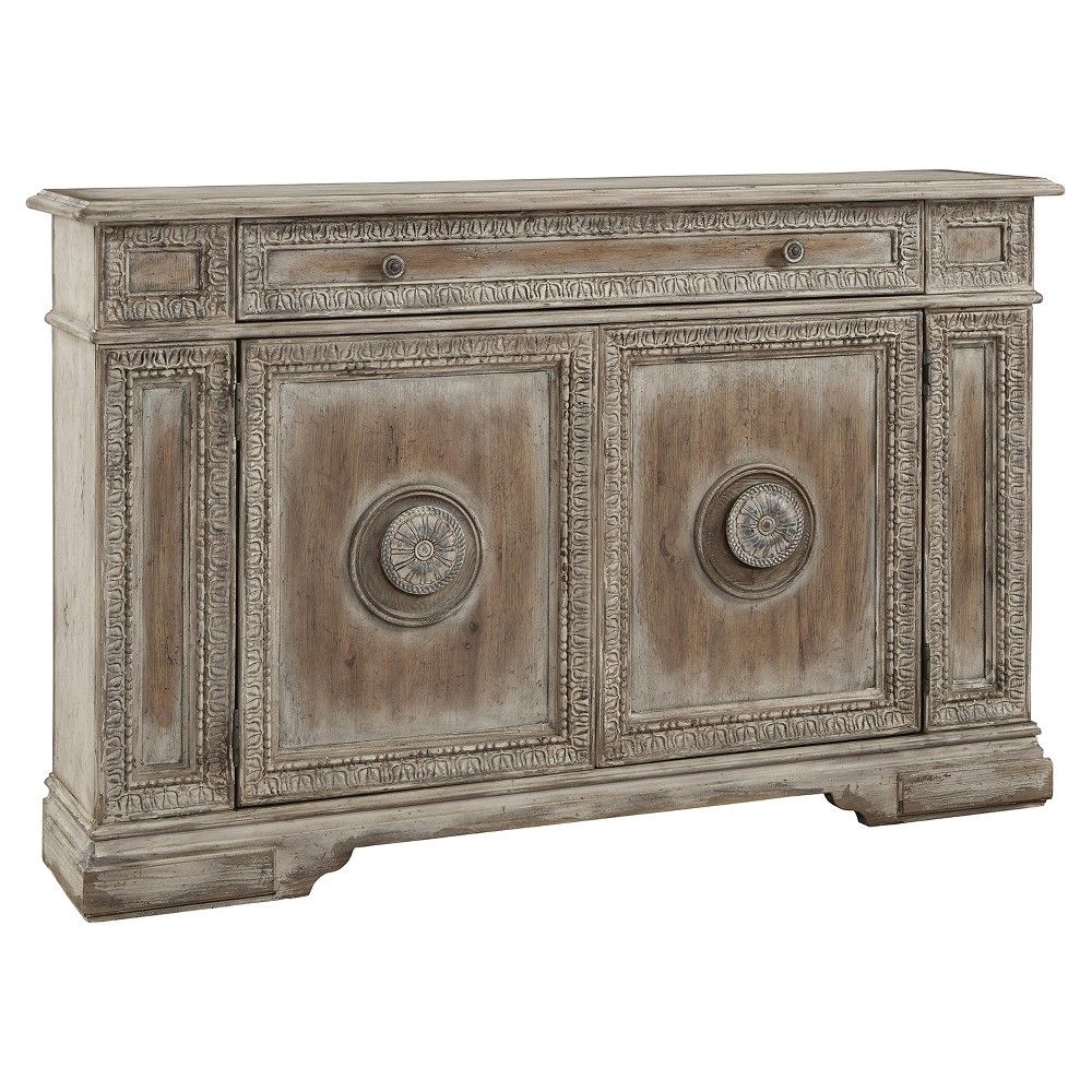 Cate Weathered Pecan Carved Door Credenza – Brown – Pulaski Intended For Floral Beauty Credenzas (View 21 of 30)