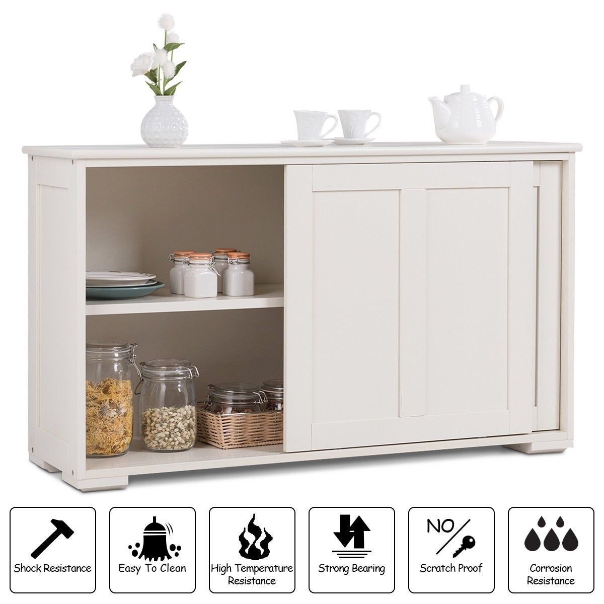 Costway Kitchen Storage Cabinet Sideboard Buffet Cupboard Wood Sliding Door  Pantry Intended For Glass Sliding Door Stackable Buffets (View 12 of 30)