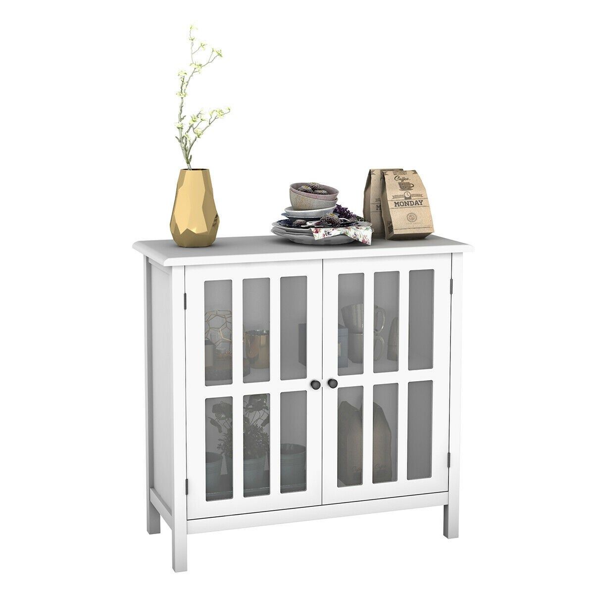 Costway Storage Buffet Cabinet Glass Door Sideboard Console Table Server  Display White For White Beadboard Buffets (View 25 of 30)