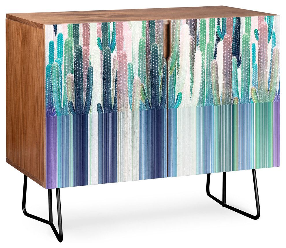 Deny Designs Cacti Stripe Pastel Credenza, Walnut, Black Steel Legs Within Turquoise Skies Credenzas (View 23 of 30)