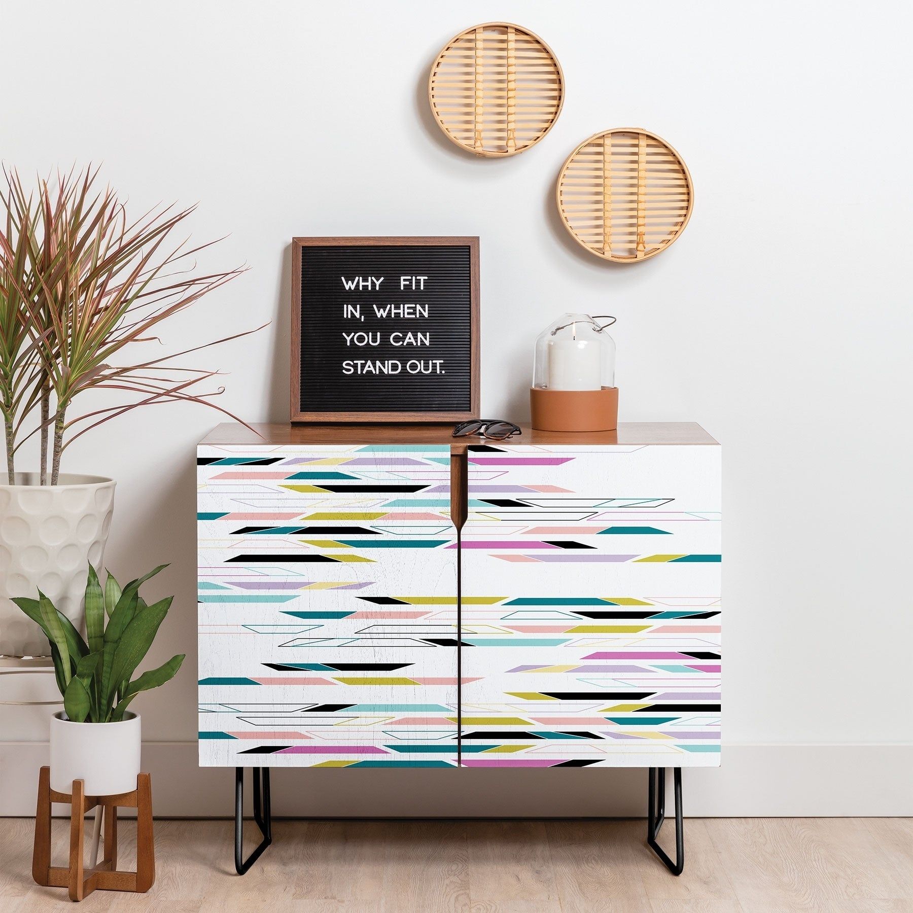 Deny Designs Multi Colored Geometric Shapes Credenza (birch Or Walnut, 3  Leg Options) Within Multi Colored Geometric Shapes Credenzas (View 1 of 30)
