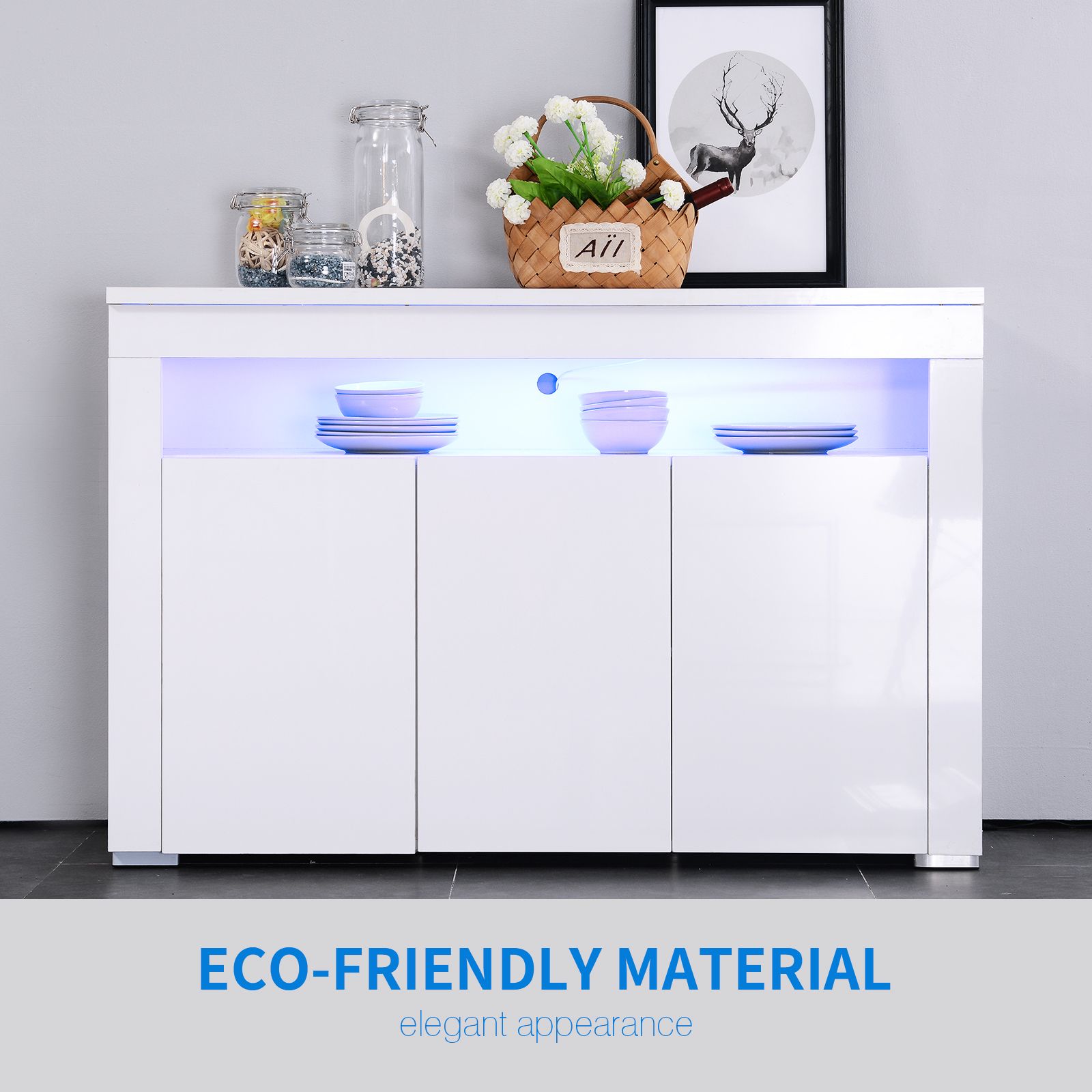 Details About High Gloss White Sideboard Cabinet Cupboard Buffet Storage  Unit With Led Light Throughout White Wood And Chrome Metal High Gloss Buffets (View 8 of 30)