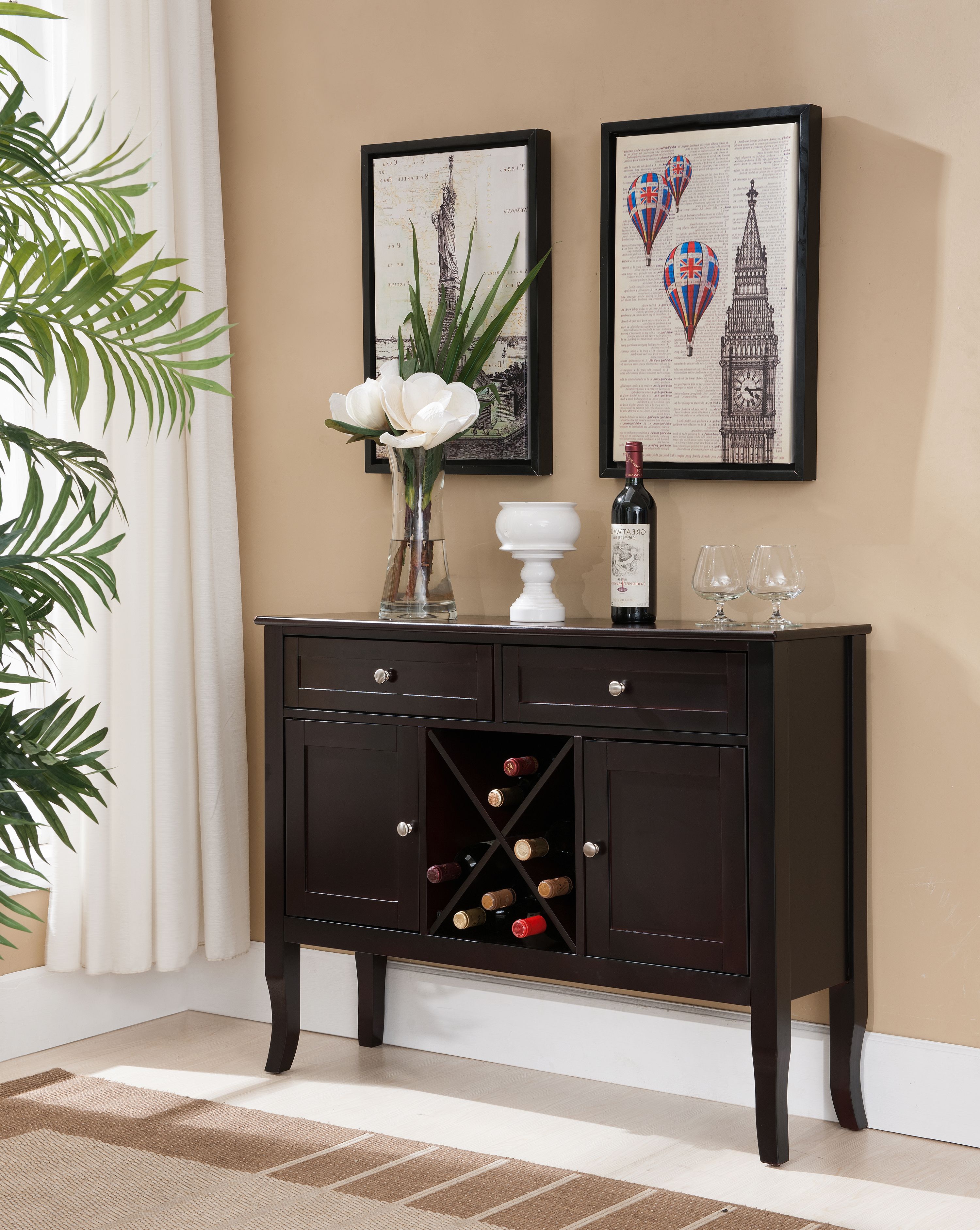 Eric Dark Cherry Wood Contemporary Wine Rack Buffet Display Console Table  With Storage Drawers & Cabinet Doors – Walmart For Buffets With Cherry Finish (View 17 of 30)