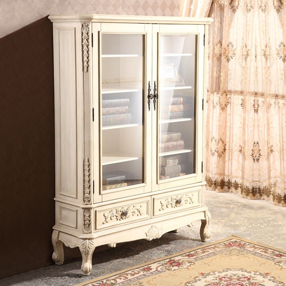 Farmhouse Freestanding Storage China Cabinet Double Glass Doors Carved  Wooden Curio Cabinet Antique White Drawer Included Intended For Wooden Curio Buffets With Two Glass Doors (View 14 of 30)