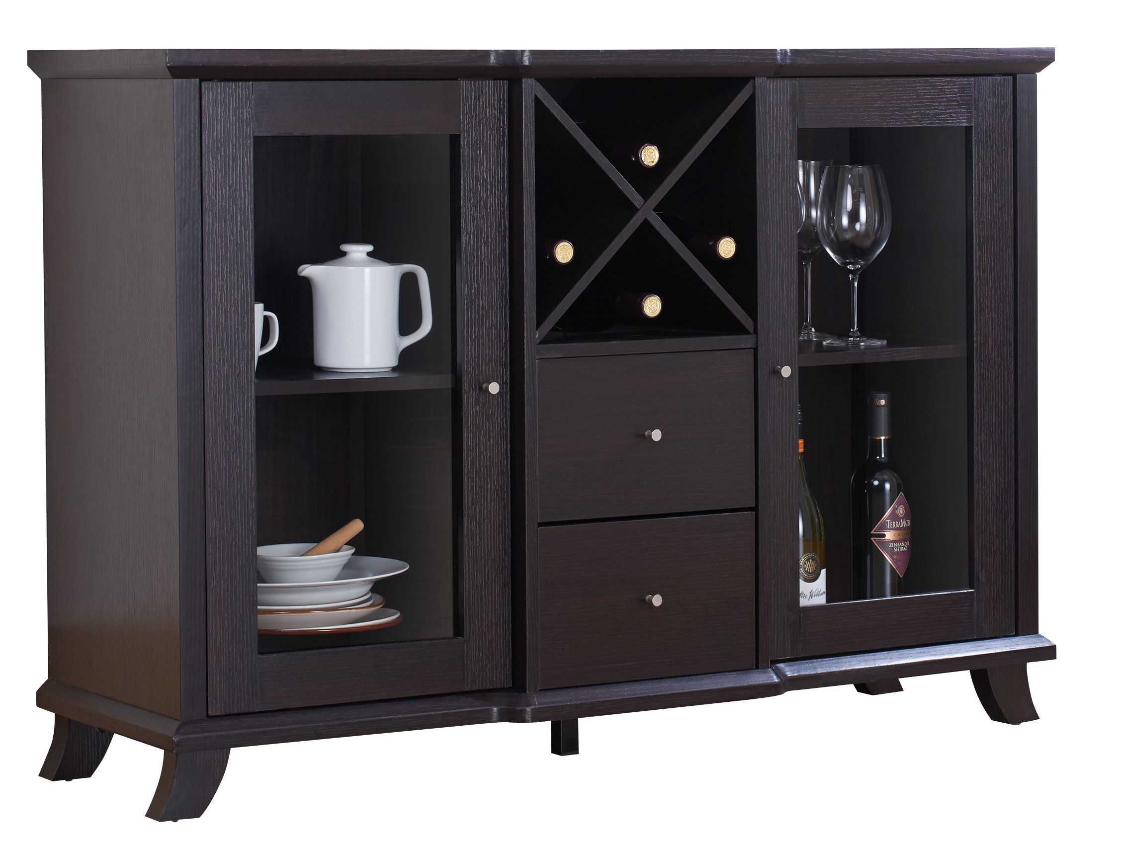 Farmhouse & Rustic Wine Bottle Storage Equipped Sideboards Inside Wooden Buffets With Two Side Door Storage Cabinets And Stemware Rack (View 16 of 30)