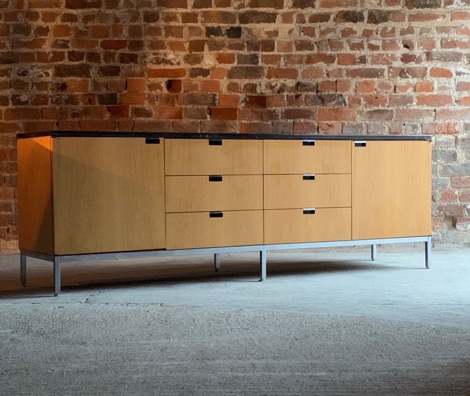 Florence Knoll Credenza Sideboard Oak Nero Marquina Shiny Marble Mid Century Within Ocean Marble Credenzas (View 12 of 30)