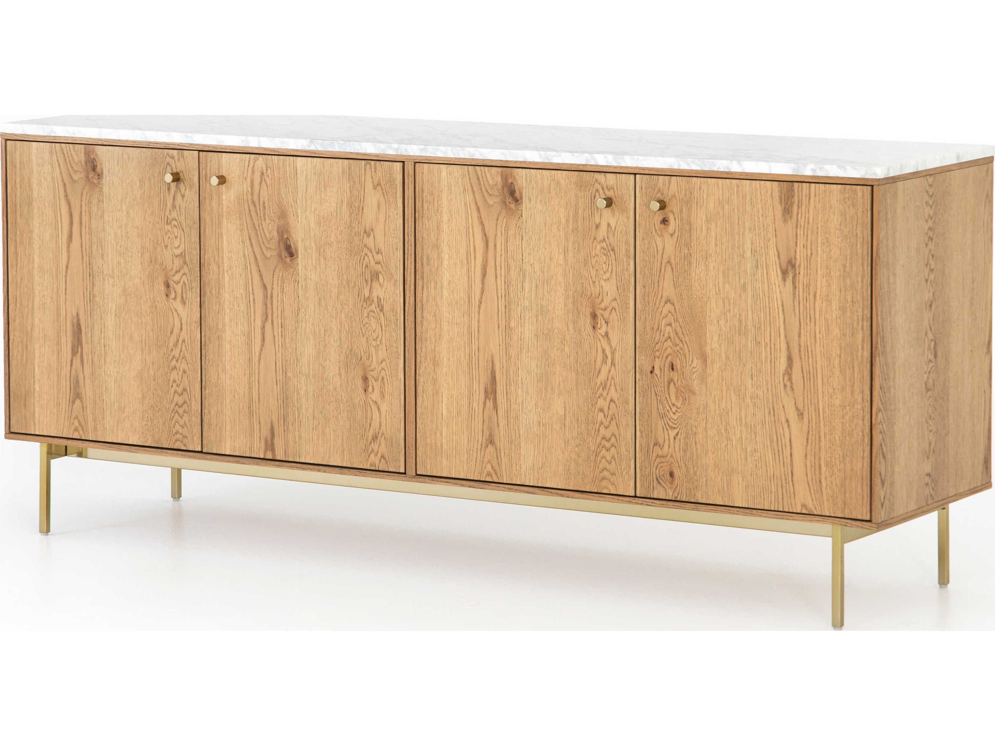 Four Hands Barton Brushed Brass / Slim Dry Oak White Marble Buffet Pertaining To 3 Drawer Titanium Buffets (View 20 of 30)