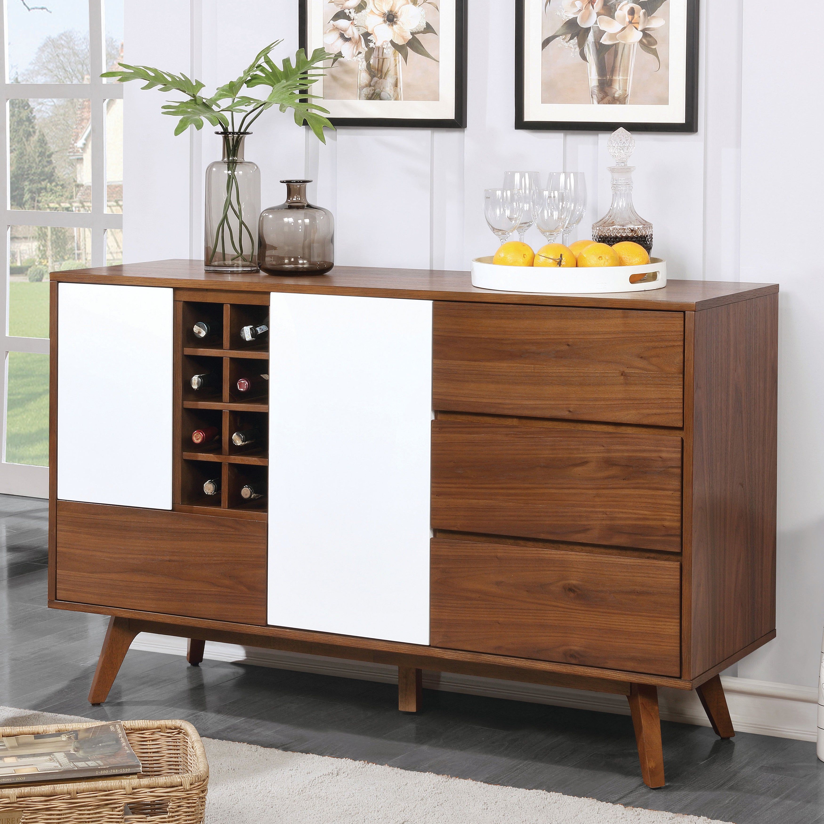 Furniture Of America Liman Mid Century Modern 2 Tone Oak/white  Multi Storage Buffet/wine Cabinet Inside Contemporary Wooden Buffets With One Side Door Storage Cabinets And Two Drawers (View 4 of 30)