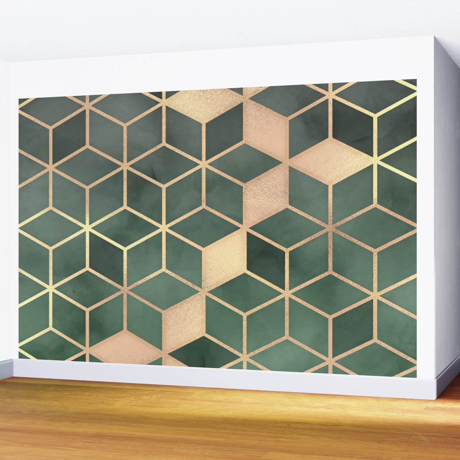 Gold Emerald Green Gradient Cube Art Print Wall Mural Pertaining To Emerald Cubes Credenzas (View 17 of 30)