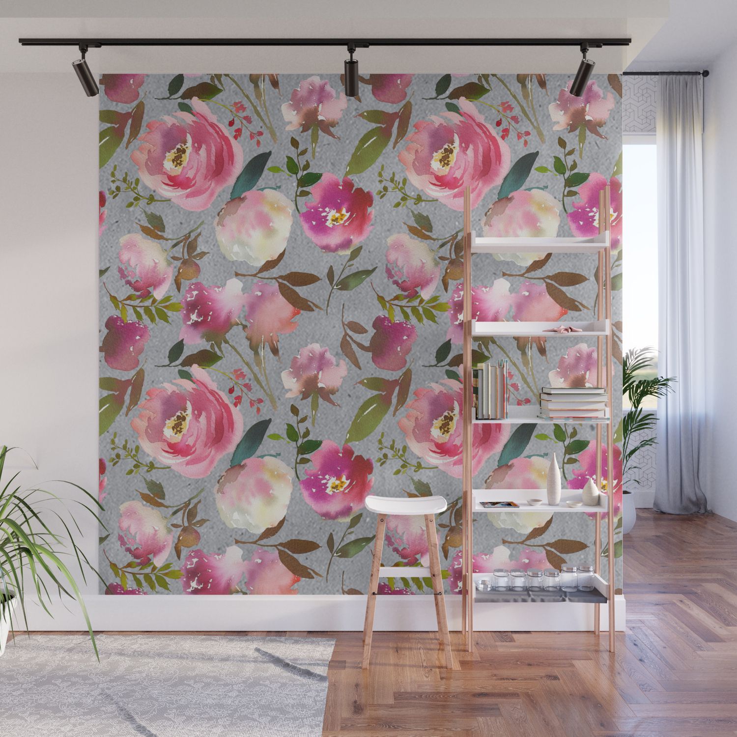 Gray Blush Pink Coral Yellow Hand Painted Floral Wall Mural With Floral Blush Yellow Credenzas (View 9 of 30)