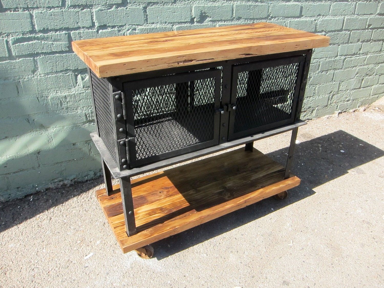 Handmade Reclaimed Wood And Iron Mesh Cabinet On Wheels With Regard To Wooden Deconstruction Credenzas (Photo 26 of 30)