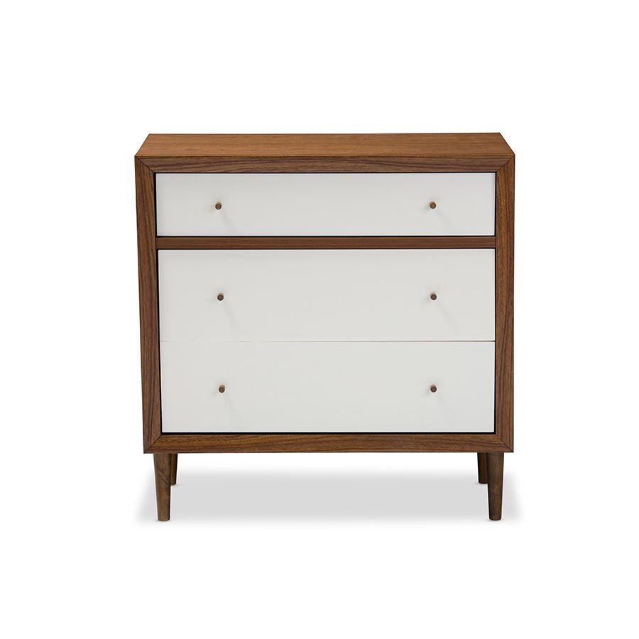 Harlow Mid Century Modern Scandinavian Style White And Walnut Wood 3 Drawer  Chest "walnut" Brown/whitebaxton Studio Inside Mid Century Modern Scandinavian Style Buffets (View 19 of 30)