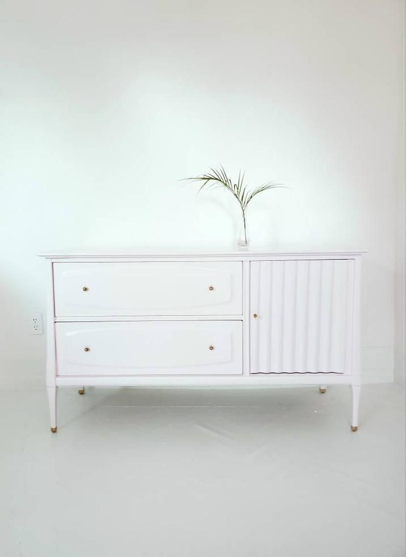 Lovely Mid Century Credenza, Media Console, Blush, Millenial Pink,  Ballerina Pink Paint, Sideboard,baby Changer, Painted Furniture Nj Nyc Inside Blush Deco Credenzas (View 14 of 30)
