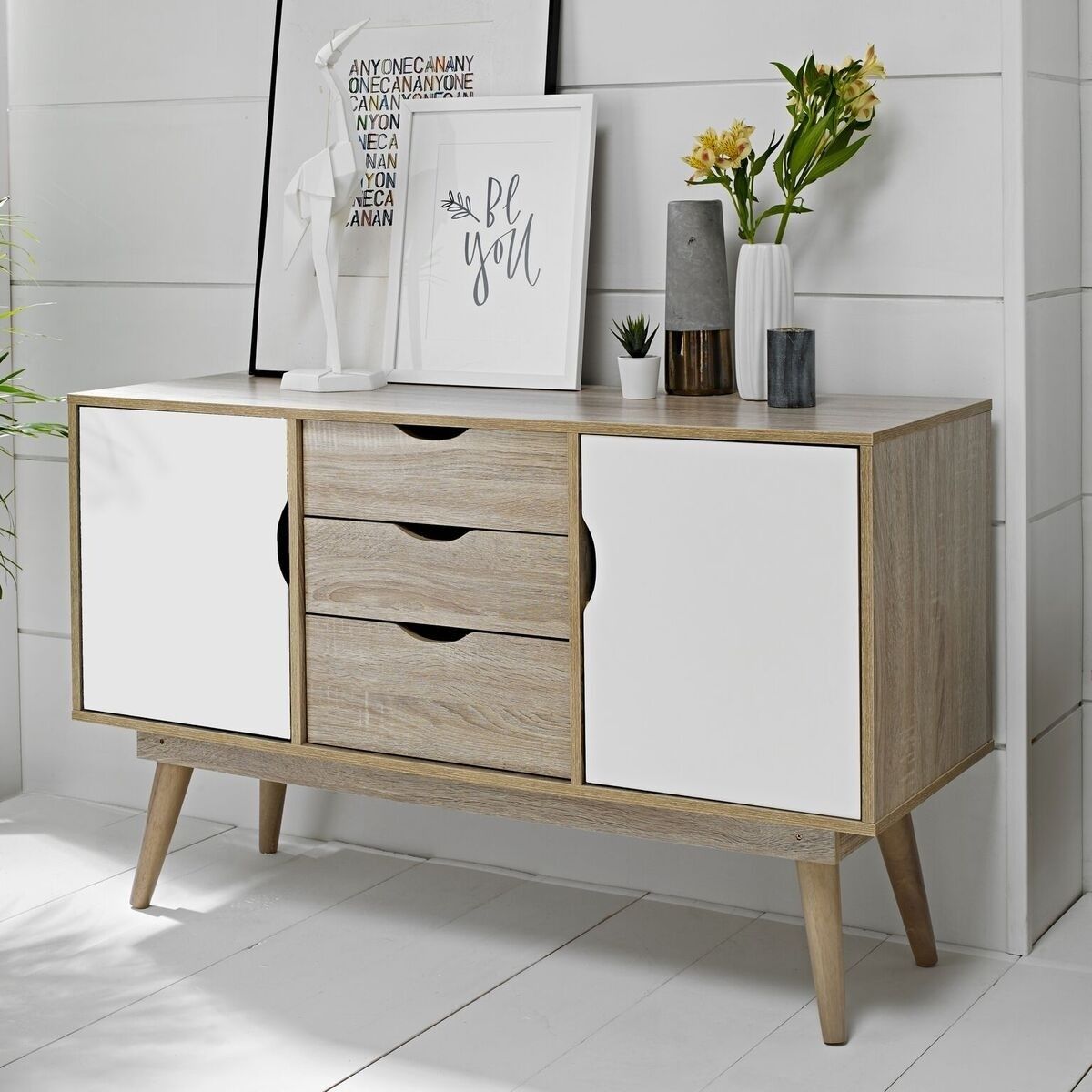 Lpd Scandi 2 Door 3 Drawer Oak Sideboard – White Or Grey Throughout White And Grey Sideboards (View 11 of 30)