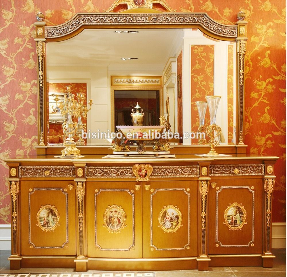 Luxury French Louis Xv Style Golden Sideboard With Mirror/ European Dining  Room Wood Carved Cupboard/ Buffet Cabinet & Mirror, View Luxury Classic Within Mirrored Double Door Buffets (View 13 of 30)