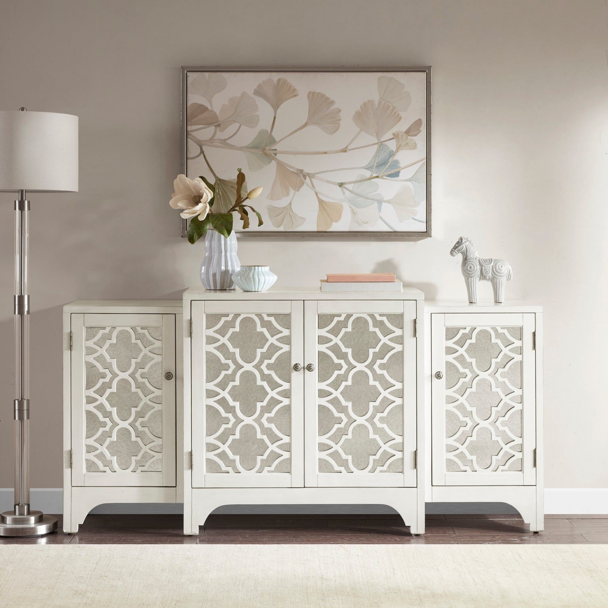 Madison Park Nevaeh Cream Dining Buffet Server Quatrefoil Design With  Mirrored Doors Within Grey Wooden Accent Buffets (Photo 30 of 30)