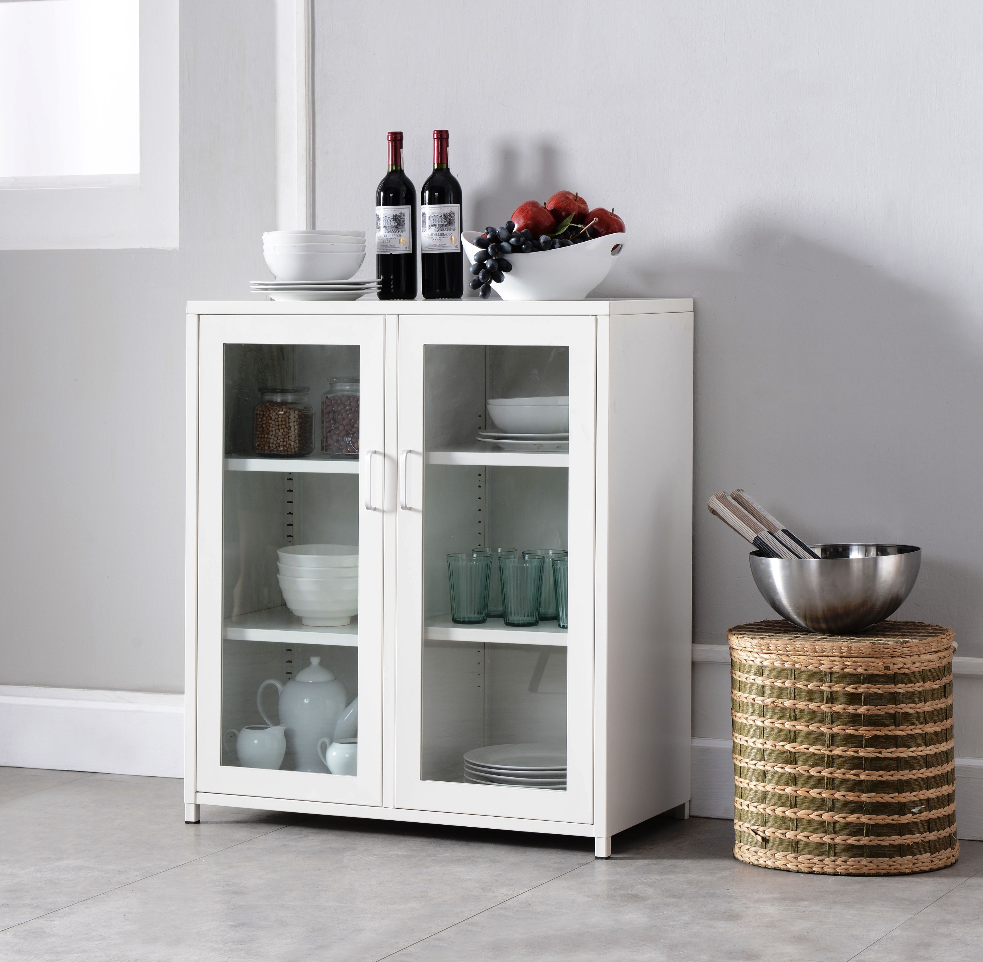 Markle White Iron Transitional Kitchen Storage Accent Cabinet Buffet With 2  Glass Doors & Shelves For Buffets With Bottle And Glass Storage (View 7 of 30)