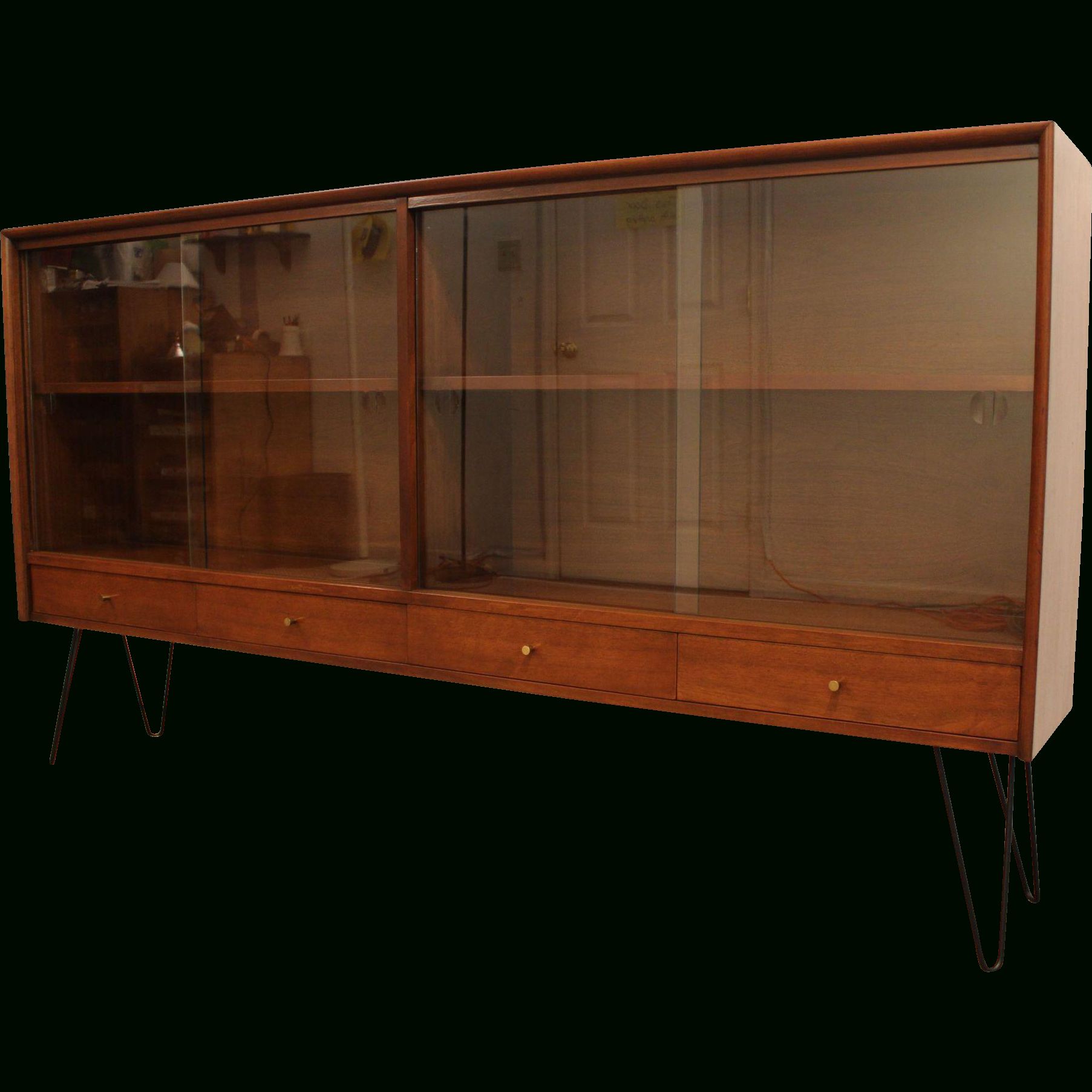 Mid Century Danish Modern Sliding Glass Door Walnut Credenza Pertaining To Blue Stained Glass Credenzas (View 27 of 30)