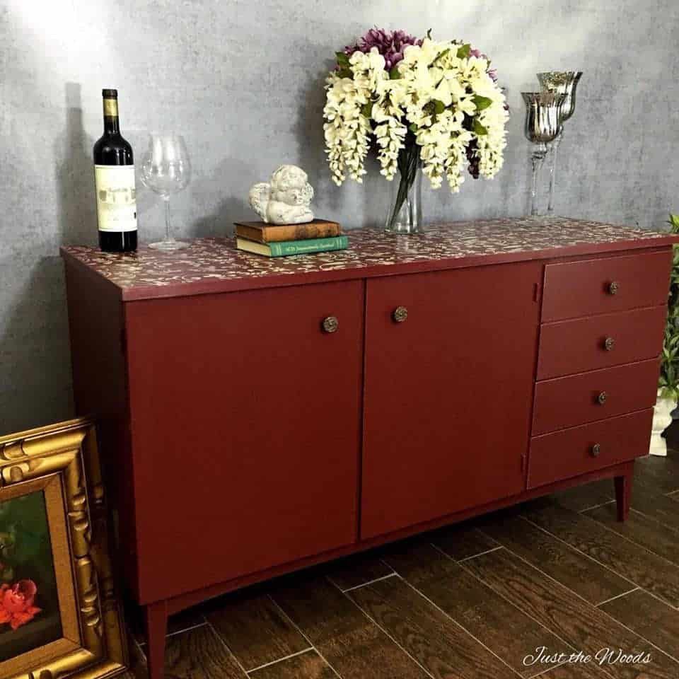 Painted Cranberry Credenza With Floral Stencil Top Pertaining To Purple Floral Credenzas (View 18 of 30)