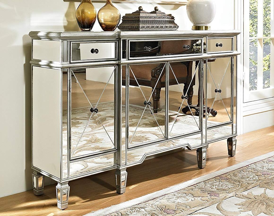 Powell Furniture 3 Drawers Mirrored Console For Mirrored Double Door Buffets (Photo 16 of 30)