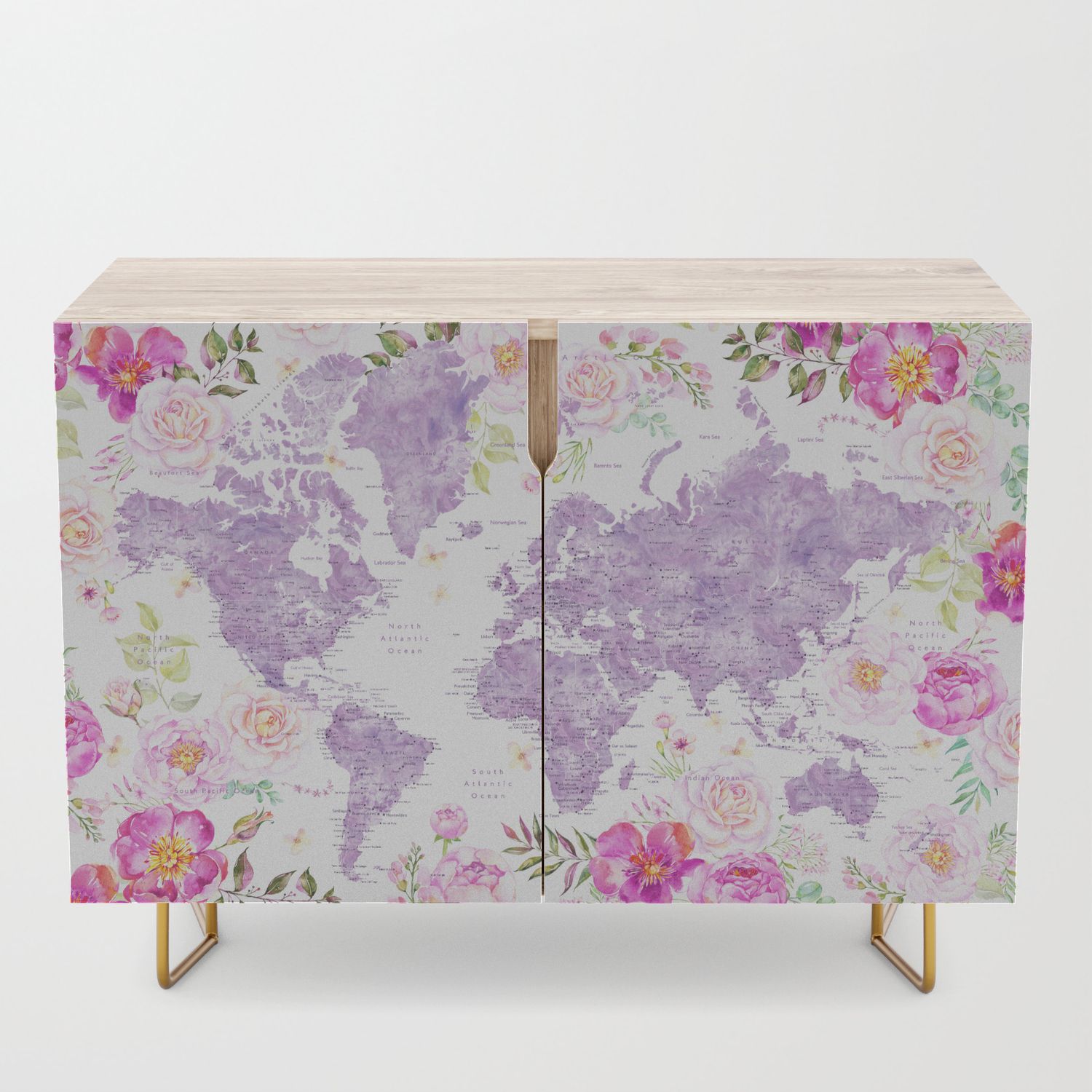 Purple Watercolor Floral World Map With Cities Credenza Inside Purple Floral Credenzas (View 3 of 30)