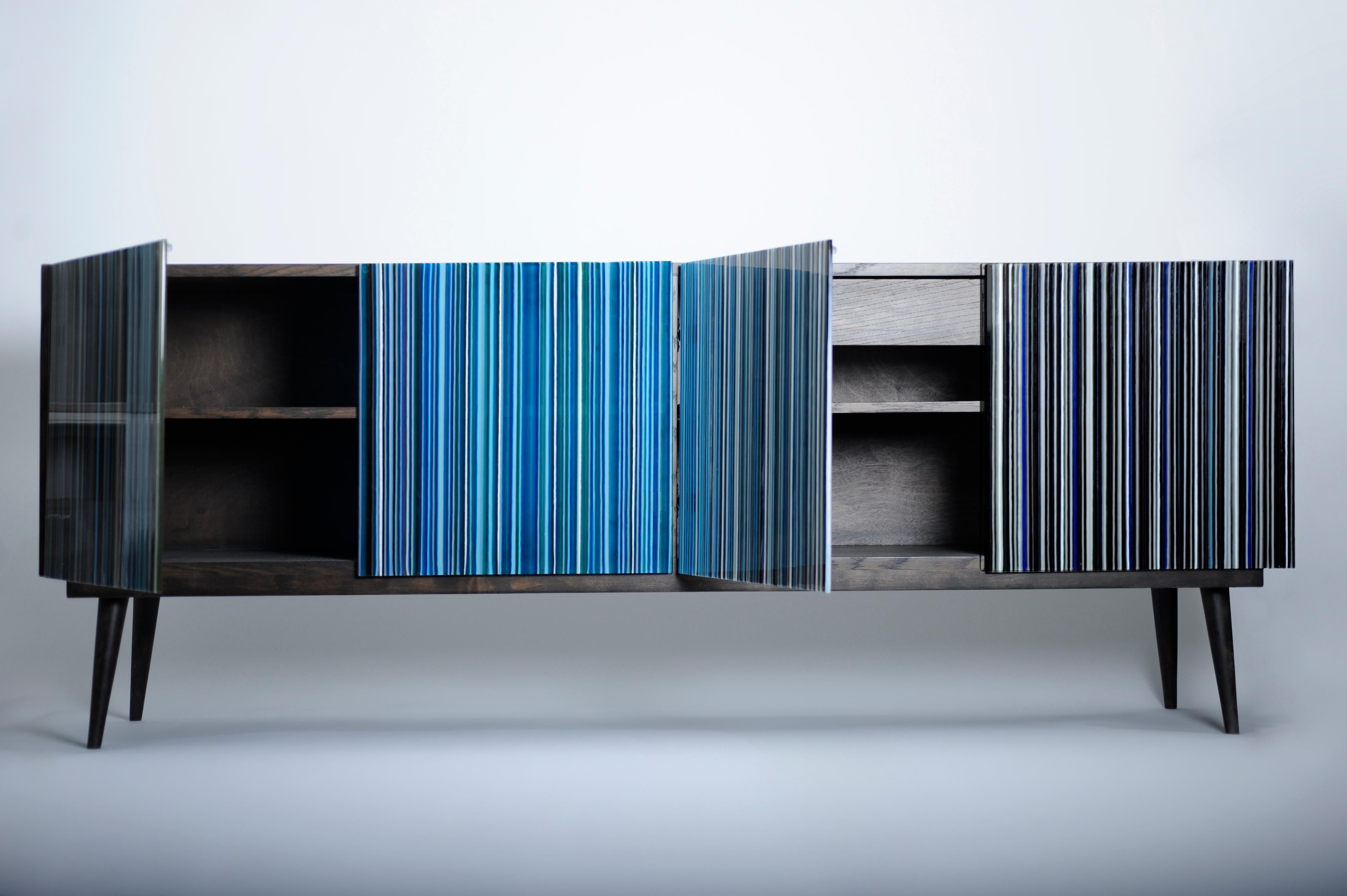 Retro Style Buffet Credenza, Barcode Design In Colored Glass, Shades Of Blue Pertaining To Blue Stained Glass Credenzas (View 2 of 30)