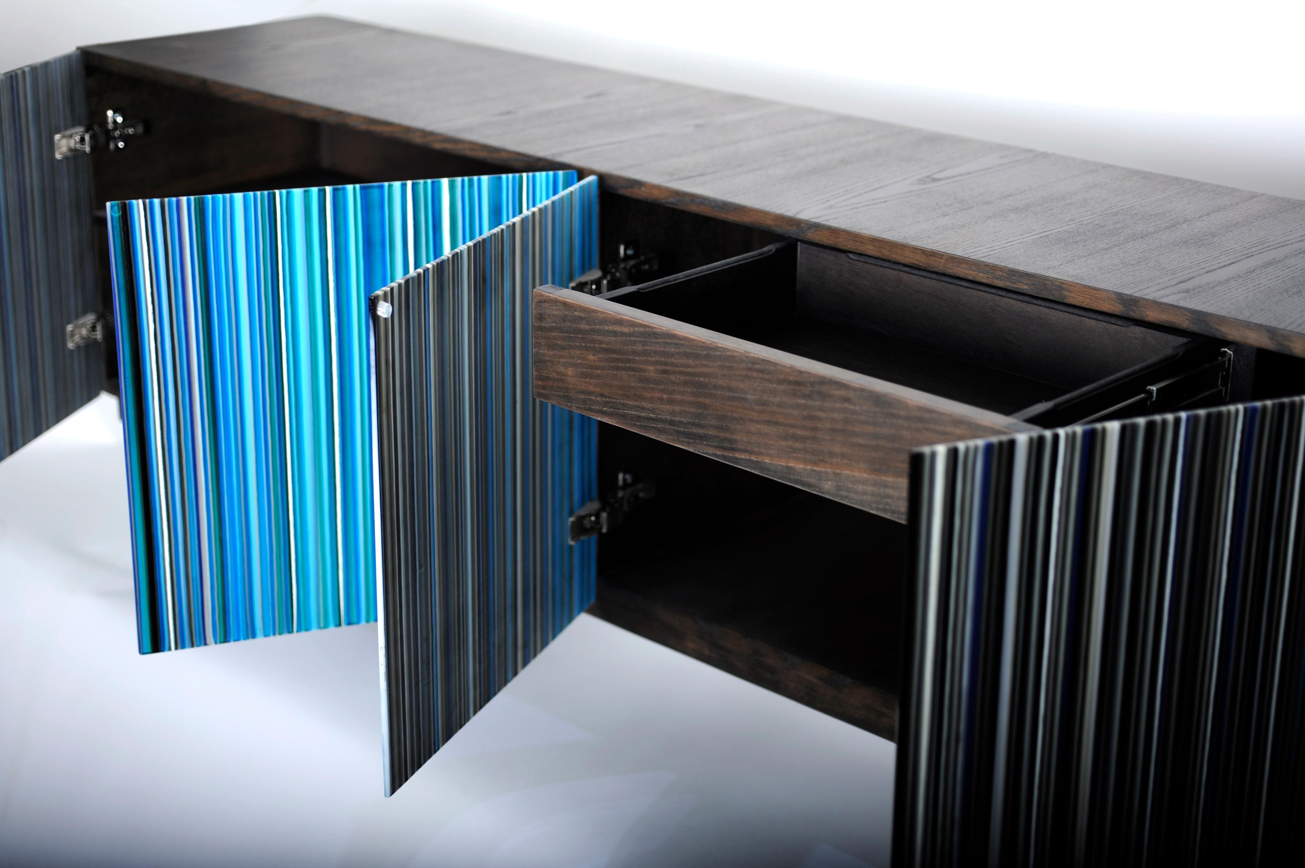 Retro Style Buffet Credenza, Barcode Design In Colored Glass, Shades Of Blue Regarding Blue Stained Glass Credenzas (View 9 of 30)