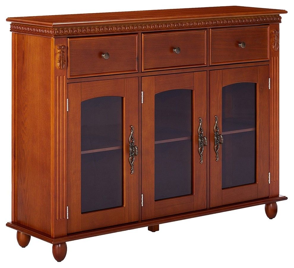 Shona Wood Buffet Table With Glass Doors, Walnut Inside Wooden Curio Buffets With Two Glass Doors (View 7 of 30)