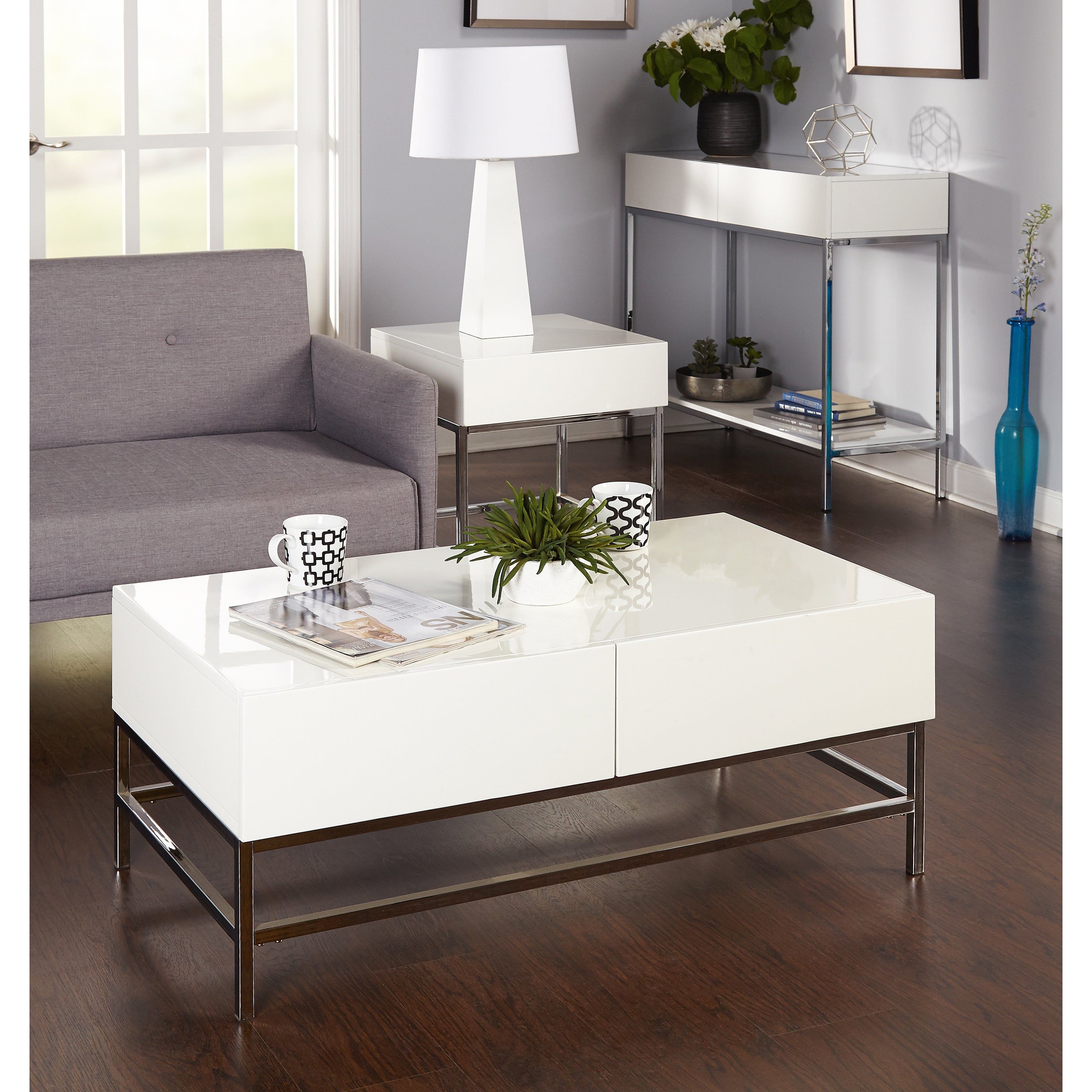 Simple Living White Wood And Chrome Metal High Gloss Console Table In White Wood And Chrome Metal High Gloss Buffets (View 3 of 30)