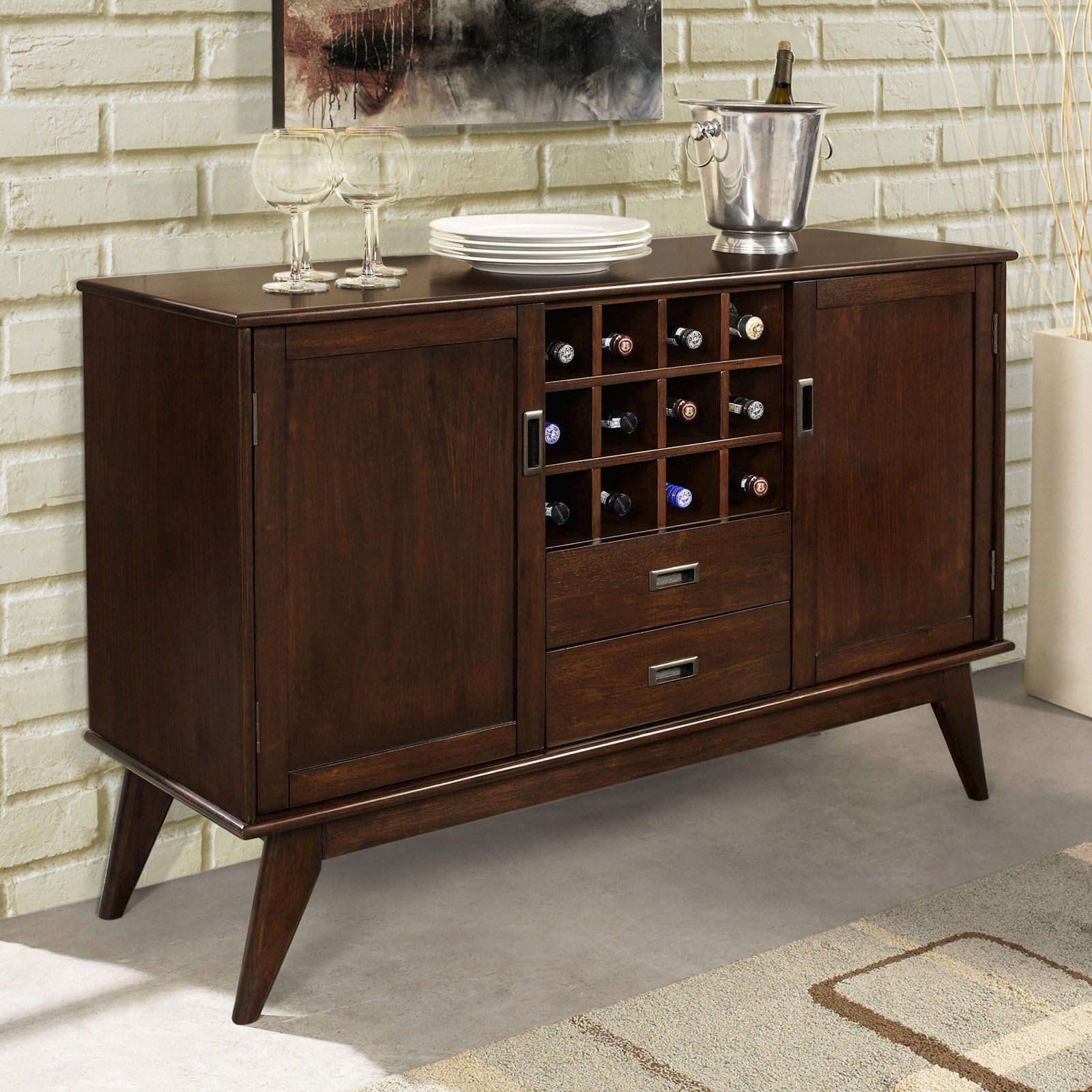 Simpli Home Draper Mid Century Sideboard Buffet & Winerack Throughout Mid Century Brown Sideboards (View 8 of 30)
