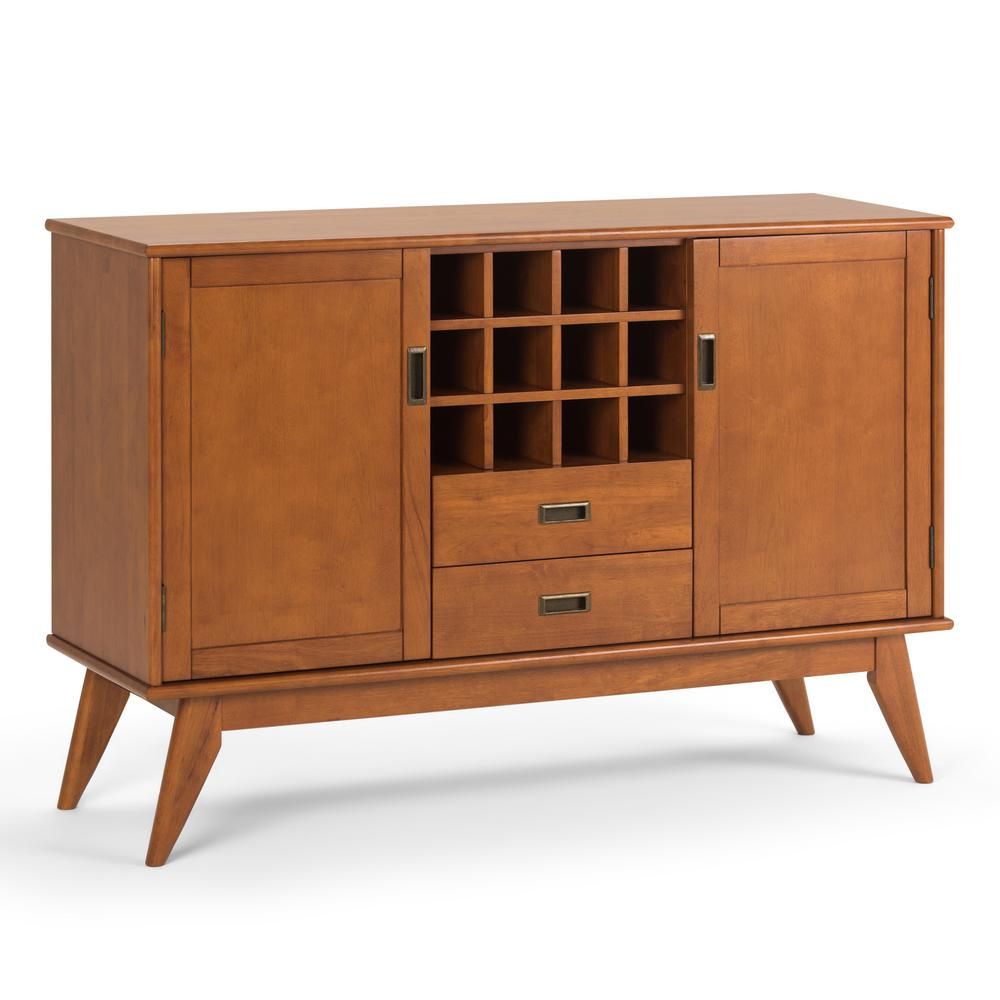 Simpli Home Draper Mid Century Teak Brown Sideboard Buffet With Wine Storage For Mid Century Brown Sideboards (View 4 of 30)