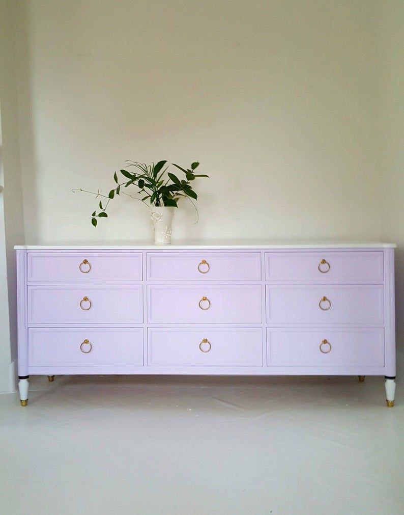 Sold#hollywood Regency Dresser, Credenza, Lavender,white And Gold, Boho,  Mid Century In Floral Blush Yellow Credenzas (View 24 of 30)