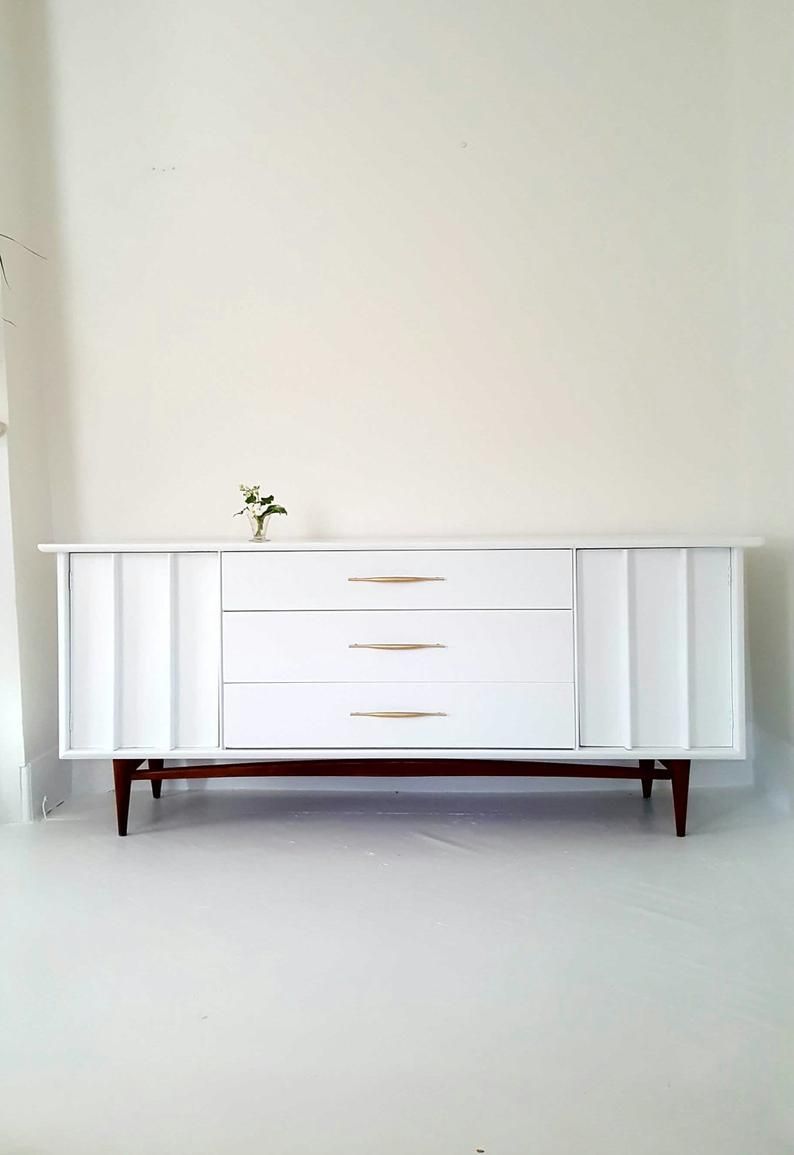 Sold#lovely Mid Century Dresser Credenza, White, Gold, Wood Painted Vintage  Dresser, Danish Modern, Atomic, Kent Coffey Throughout Pale Pink Agate Wood Credenzas (View 11 of 30)